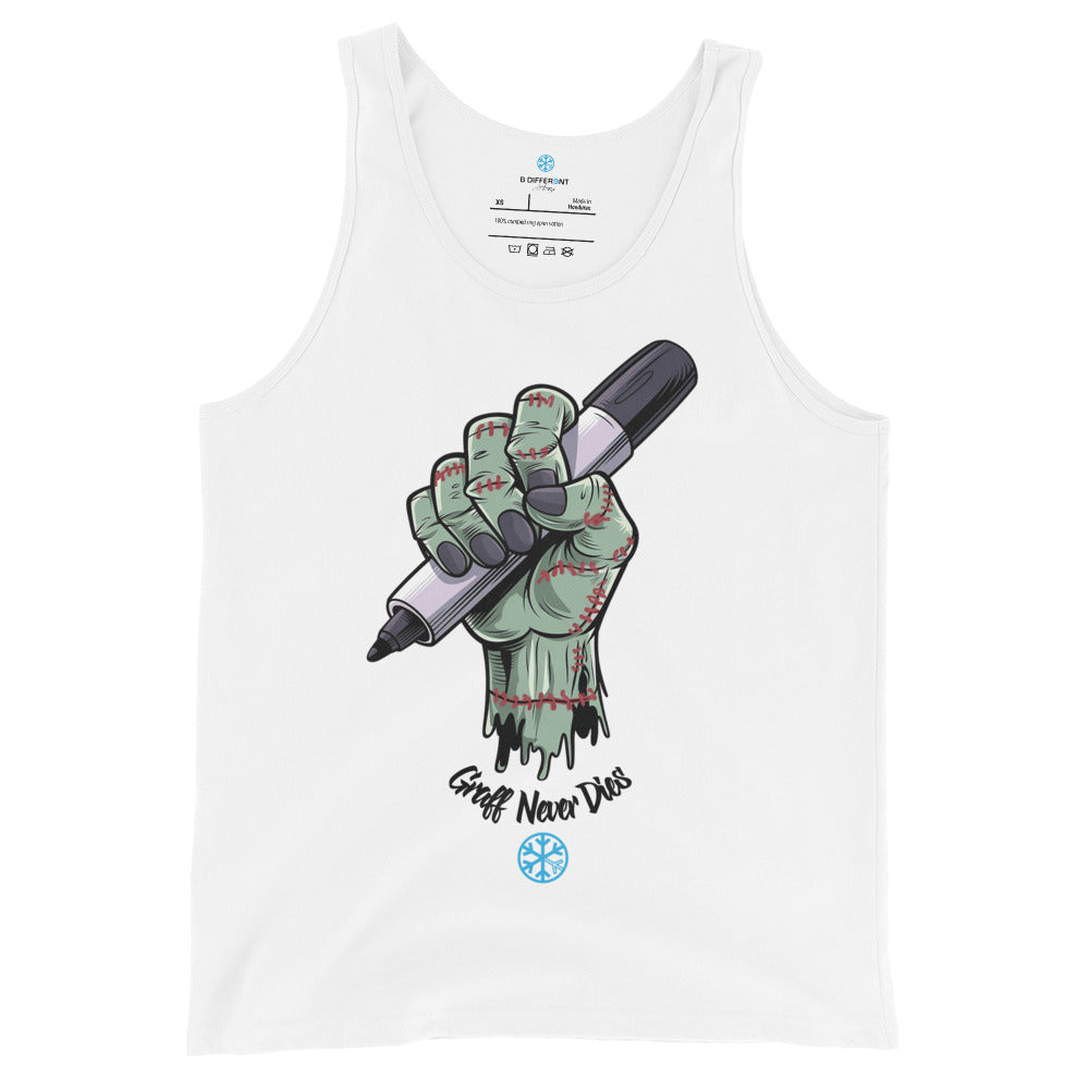 White-Thing Graffiti Tank Top from B.Different Clothing, front view, graffiti-inspired streetwear