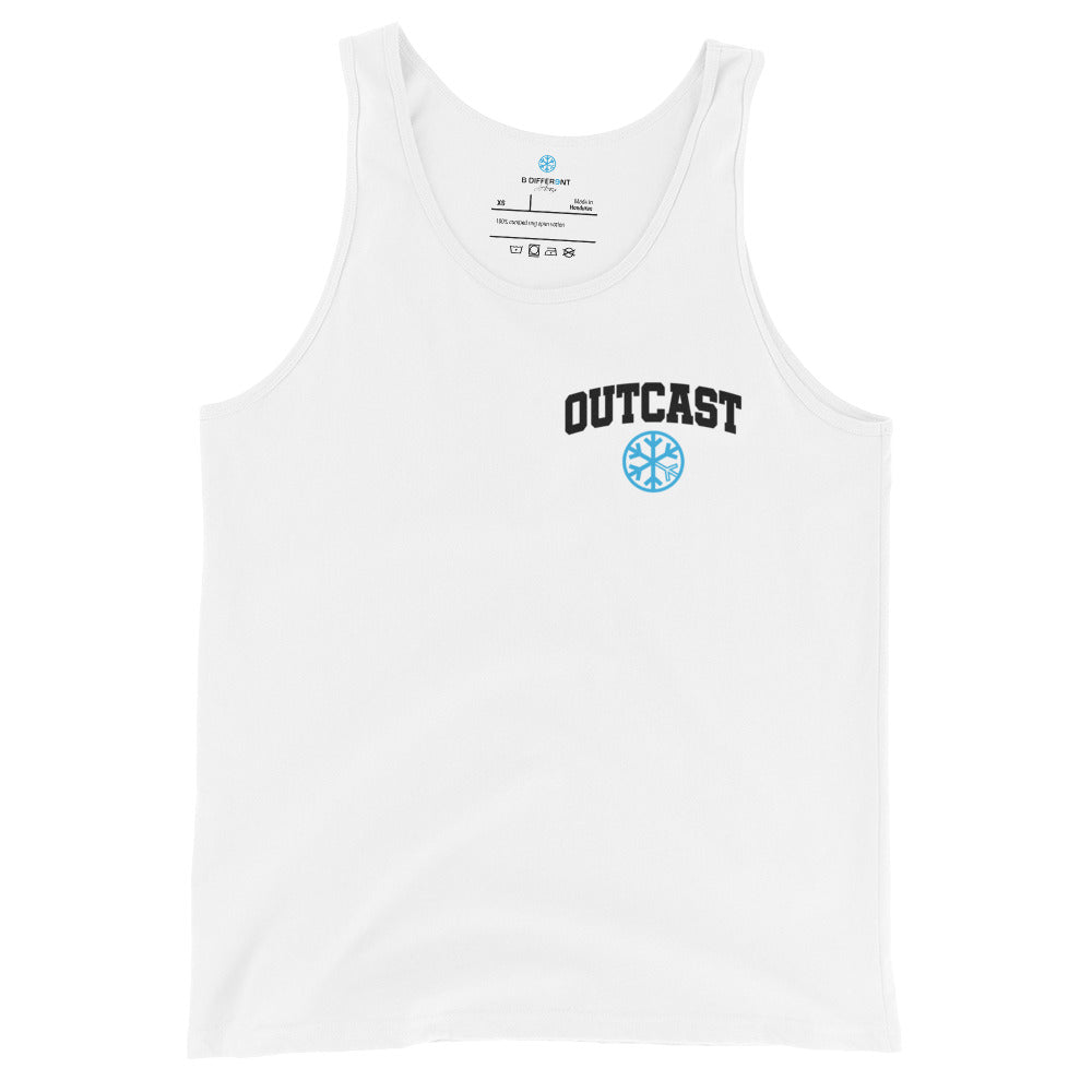 White-Outcast Graffiti Character Tank Top from B.Different Clothing, front view, graffiti-inspired streetwear