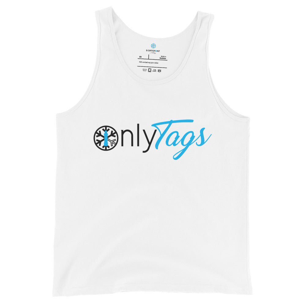 White-Only Tags Graffiti Tank Top from B.Different Clothing, front view, graffiti-inspired streetwear