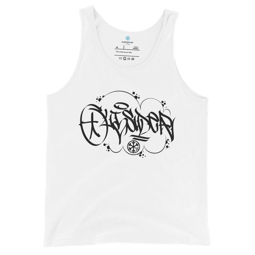 White-Outsider Graffiti Tag Tank Top by Caos One from B.Different Clothing, front view, graffiti-inspired streetwear