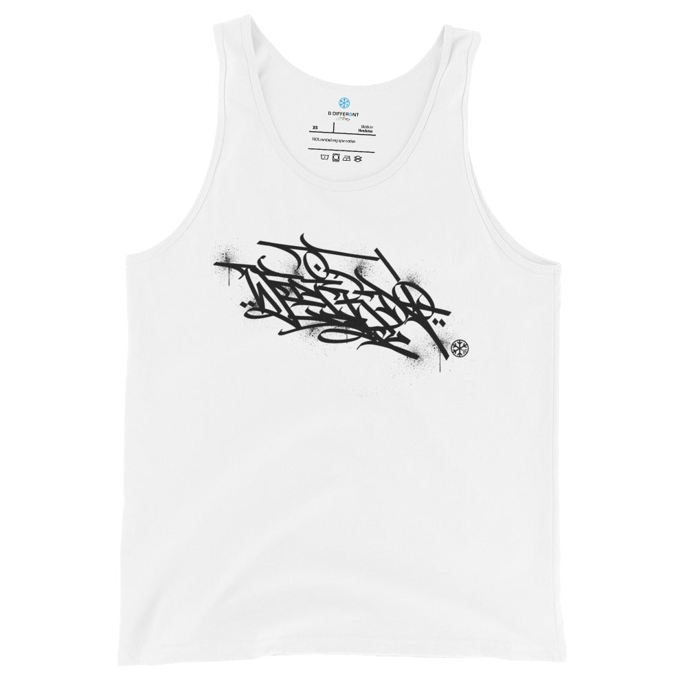 White-Weirdo Graffiti Tag Tank Top by Shew from B.Different Clothing, front view, graffiti-inspired streetwear