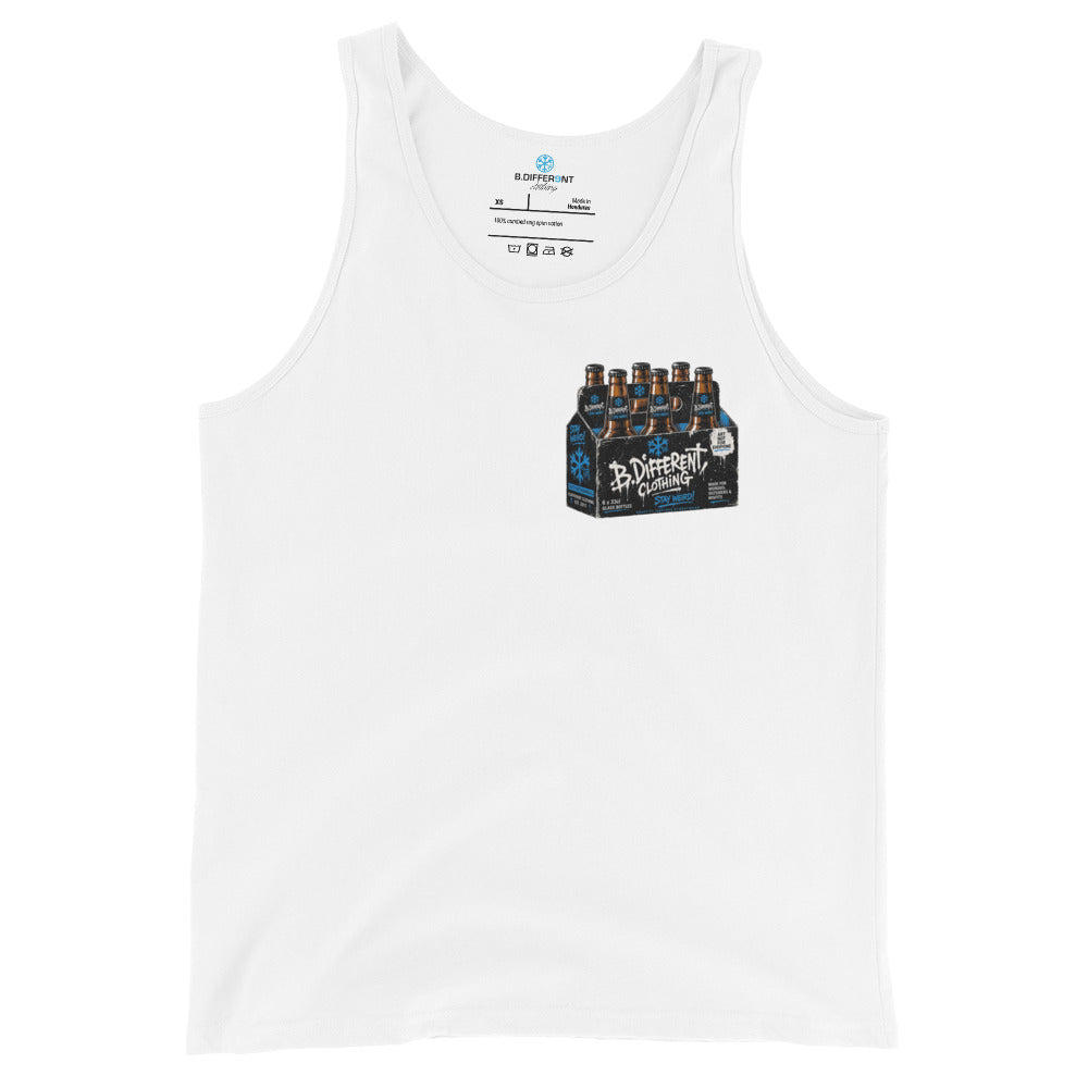 White-Six Pack Beer Graffiti Tank Top from B.Different Clothing, front view, graffiti-inspired streetwear