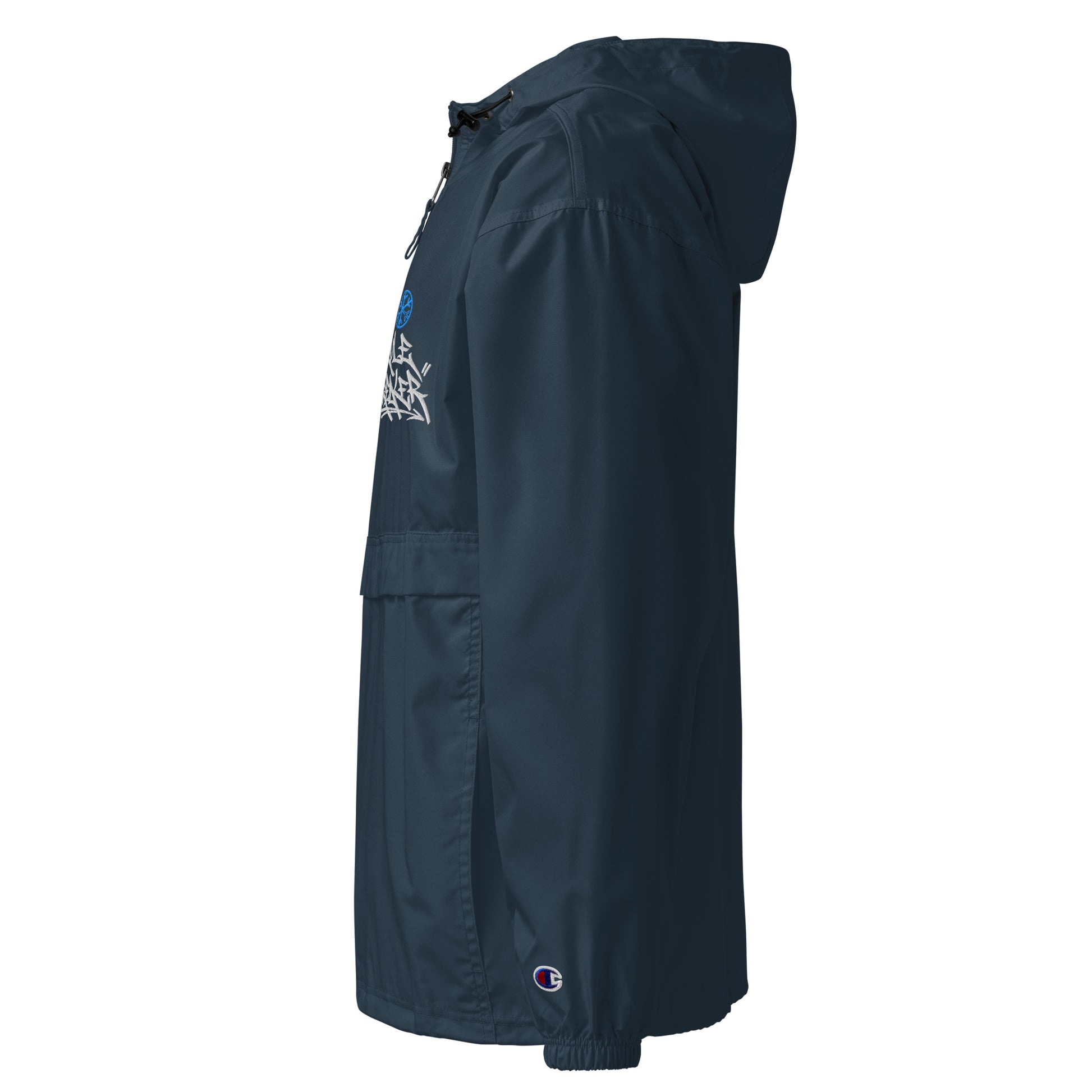 Navy-Rule Breaker Graffiti Tag Windbreaker Jacket from B.Different Clothing, left view, graffiti-inspired streetwear