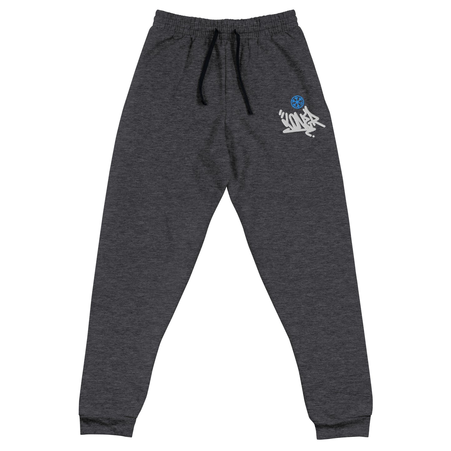 Darkgray-Loner Graffiti Tag Joggers from B.Different Clothing, front view, graffiti-inspired streetwear