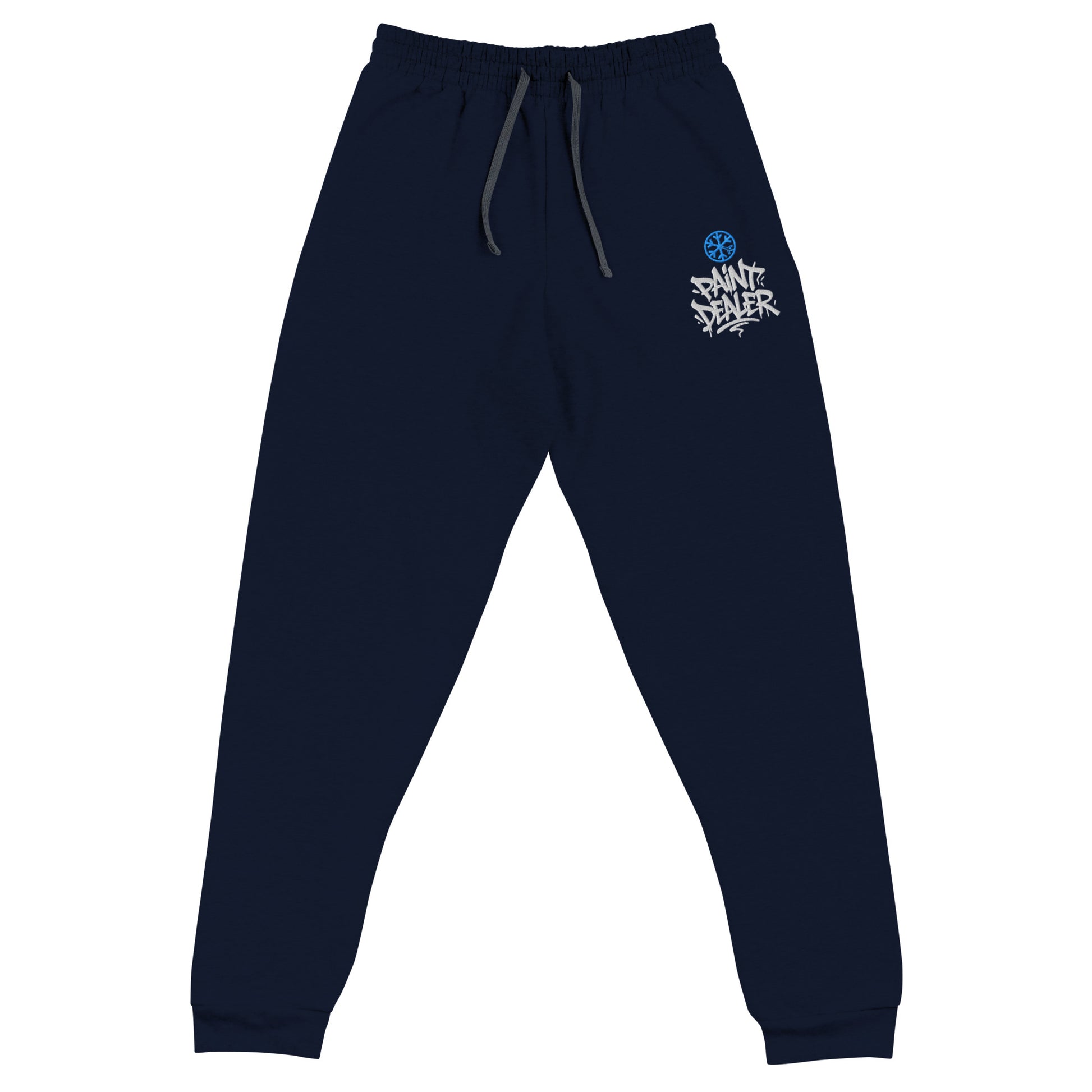 Navy-Paint Dealer Graffiti Tag Joggers from B.Different Clothing, front view, graffiti-inspired streetwear