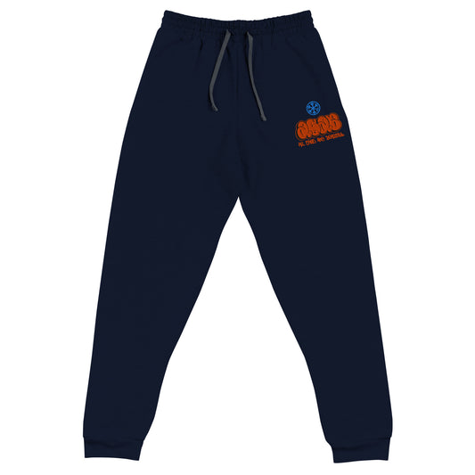 Navy-ACAB Graffiti Throw-up Joggers from B.Different Clothing, front view, graffiti-inspired streetwear