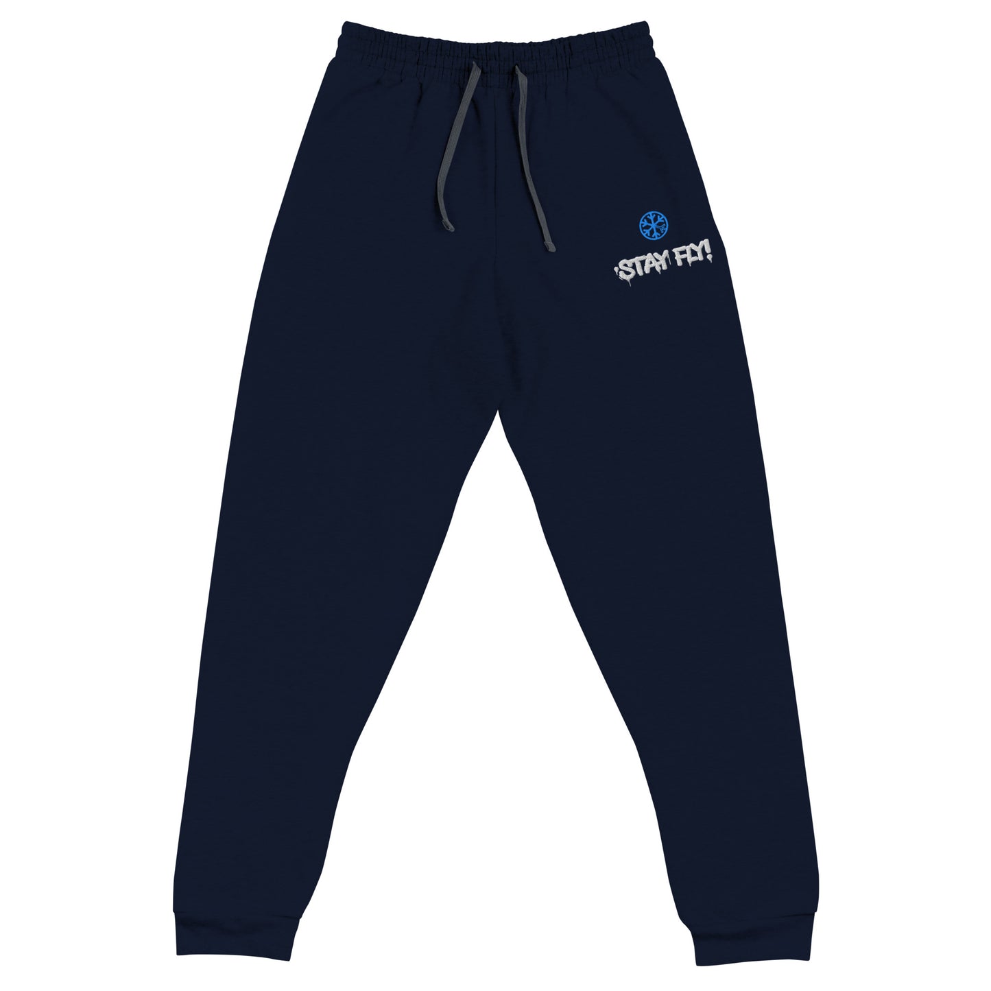 Navy-Stay Fly Graffiti Tag Joggers from B.Different Clothing, front view, graffiti-inspired streetwear