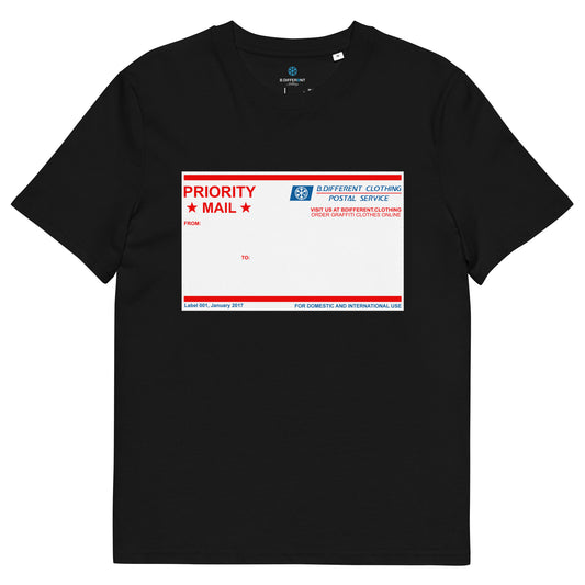 Black-Priority Mail Sticker Graffiti Tee from B.Different Clothing, front view, graffiti-inspired streetwear t-shirt