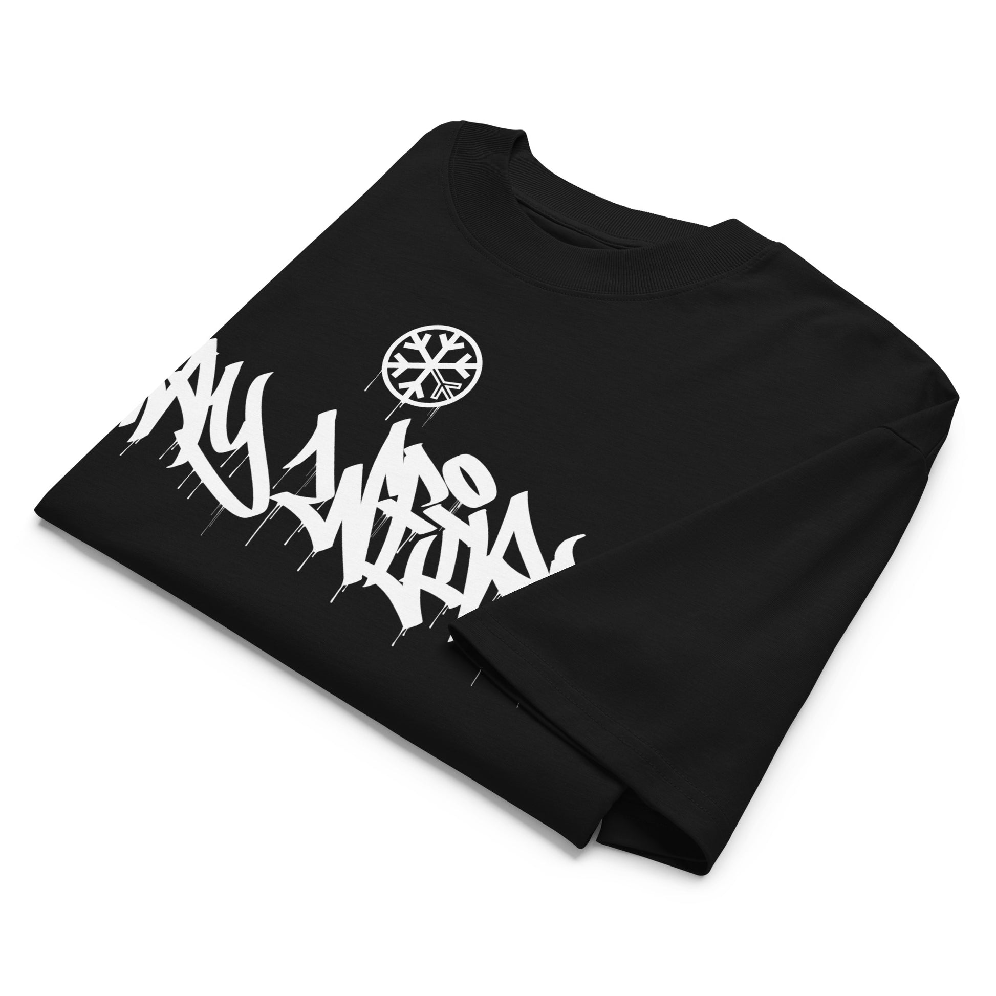 Black-Stay Weird Graffiti Tag Tee by Monsterinho from B.Different Clothing, folded, graffiti-inspired streetwear, oversized heavyweight t-shirt