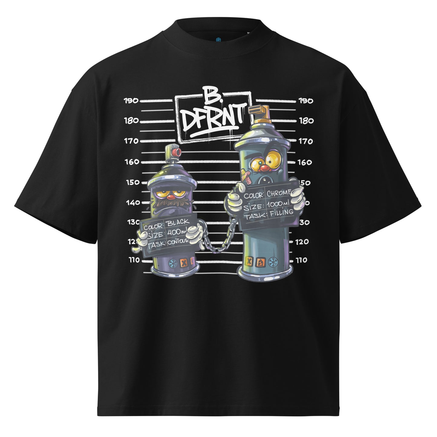 Black-Mug Short Graffiti Tee by Trk One from B.Different Clothing, front view, graffiti-inspired streetwear, oversized heavyweight t-shirt