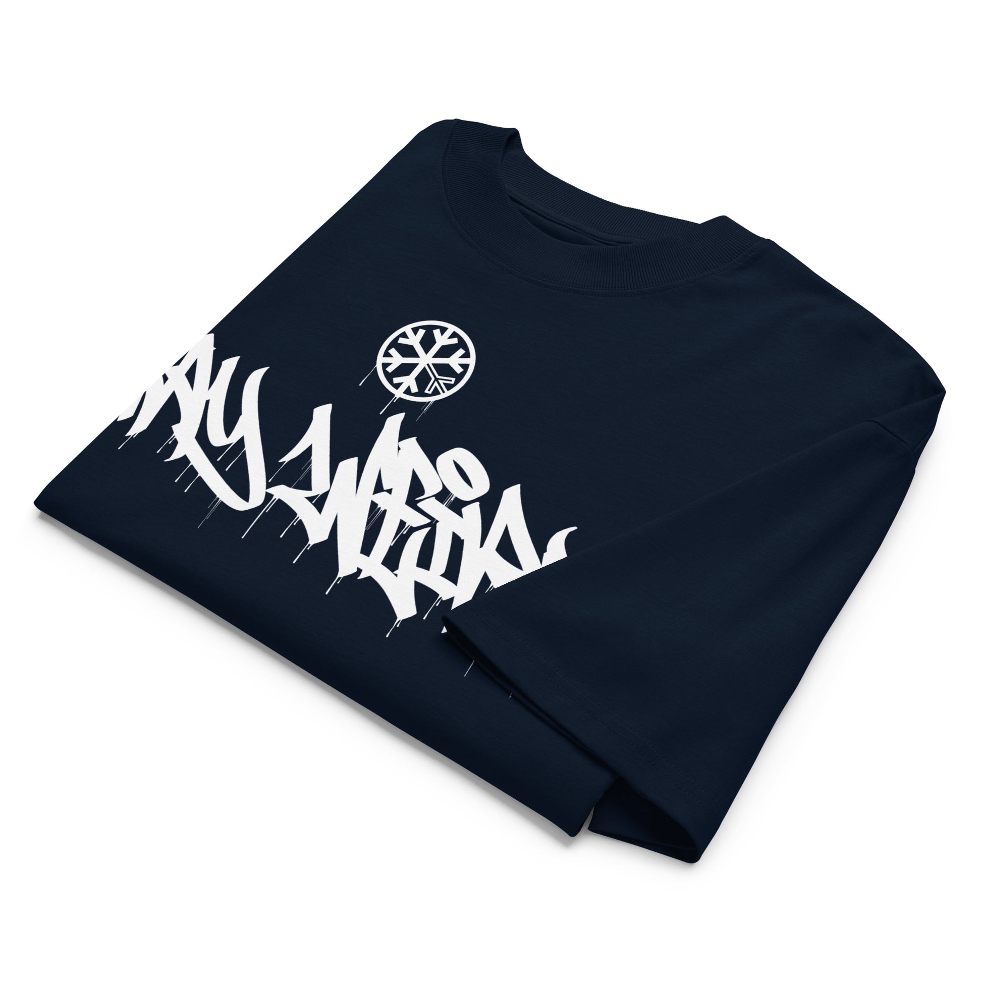 Navy-Stay Weird Graffiti Tag Tee by Monsterinho from B.Different Clothing, folded, graffiti-inspired streetwear, oversized heavyweight t-shirt