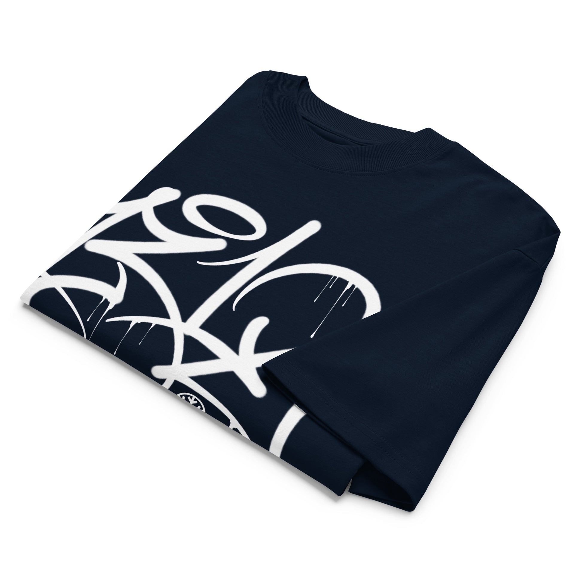 Navy-1312 Graffiti Tag Tee by Caos One from B.Different Clothing, folded, graffiti-inspired streetwear, oversized heavyweight t-shirt