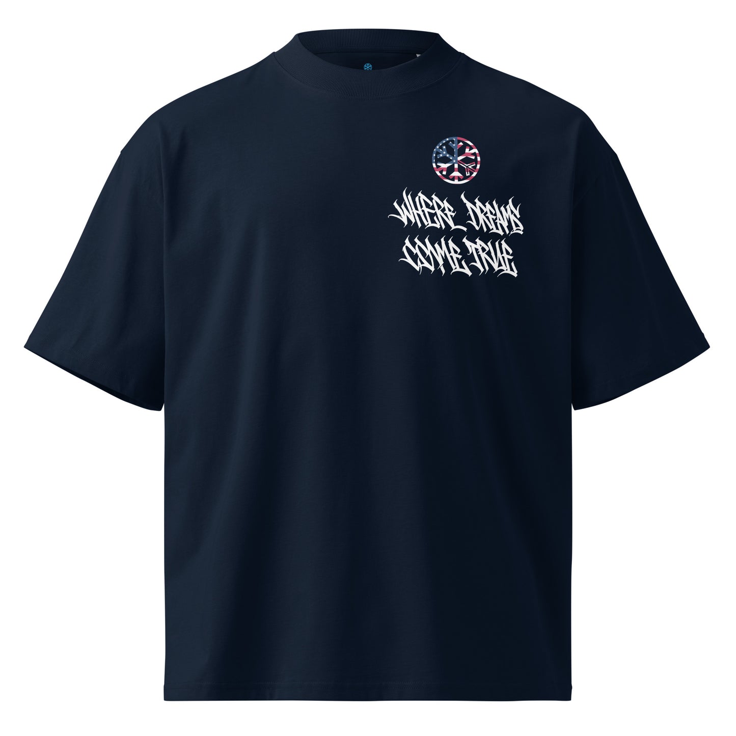 Navy-Flag Graffiti Tee from B.Different Clothing, front view, graffiti-inspired streetwear, oversized heavyweight t-shirt
