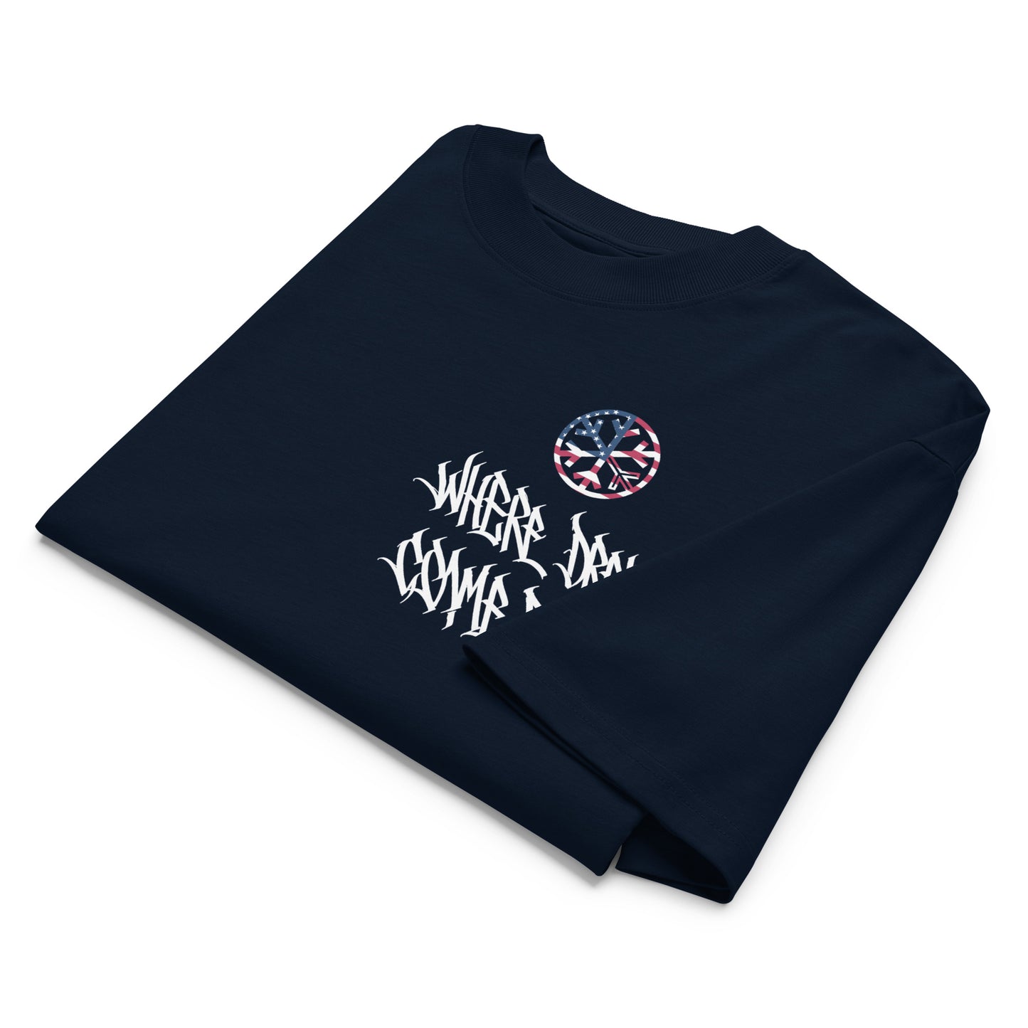 Navy-Flag Graffiti Tee from B.Different Clothing, folded, graffiti-inspired streetwear, oversized heavyweight t-shirt