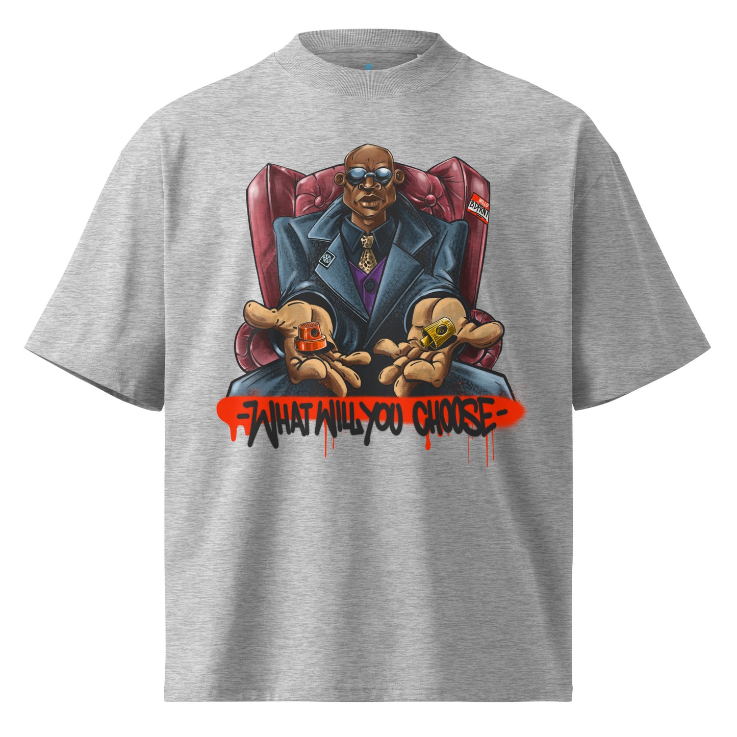 Gray-Make Your Choice Graffiti Tee by Trk One from B.Different Clothing, front view, graffiti-inspired streetwear, oversized heavyweight t-shirt