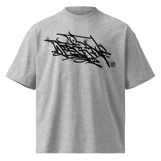 Gray-Weirdo Graffiti Tag Tee by Shew from B.Different Clothing, front view, graffiti-inspired streetwear, oversized heavyweight t-shirt