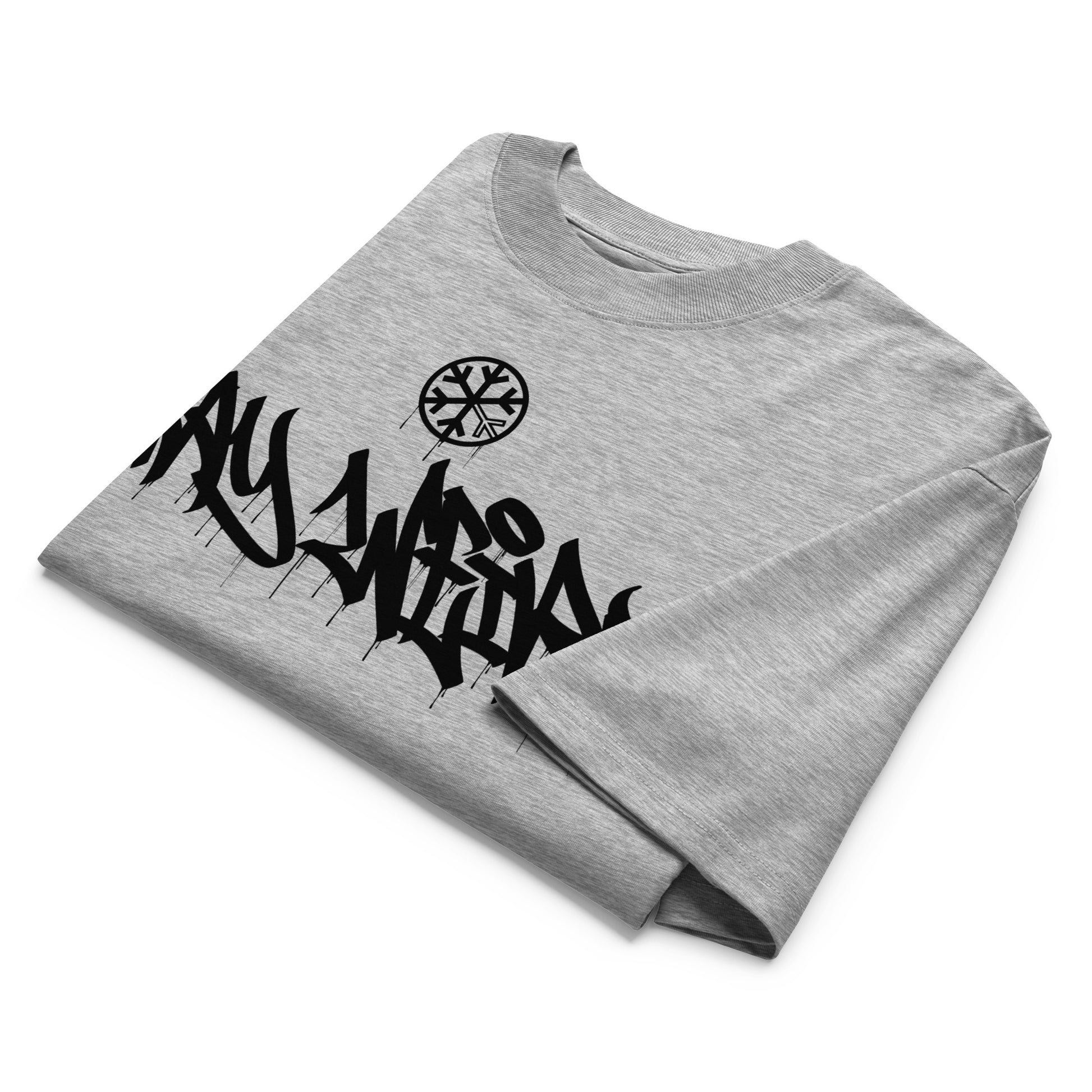 Gray-Stay Weird Graffiti Tag Tee by Monsterinho from B.Different Clothing, folded, graffiti-inspired streetwear, oversized heavyweight t-shirt
