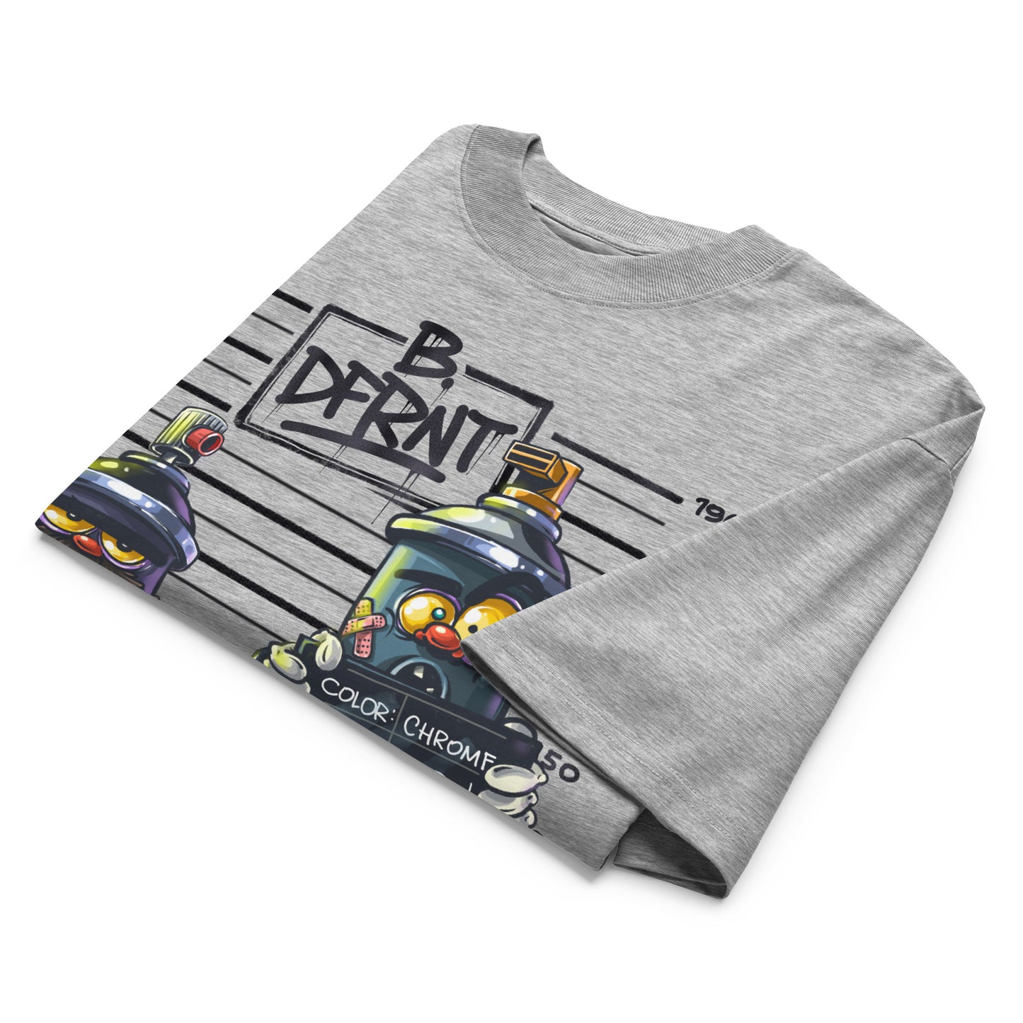 Gray-Mug Short Graffiti Tee by Trk One from B.Different Clothing, folded, graffiti-inspired streetwear, oversized heavyweight t-shirt