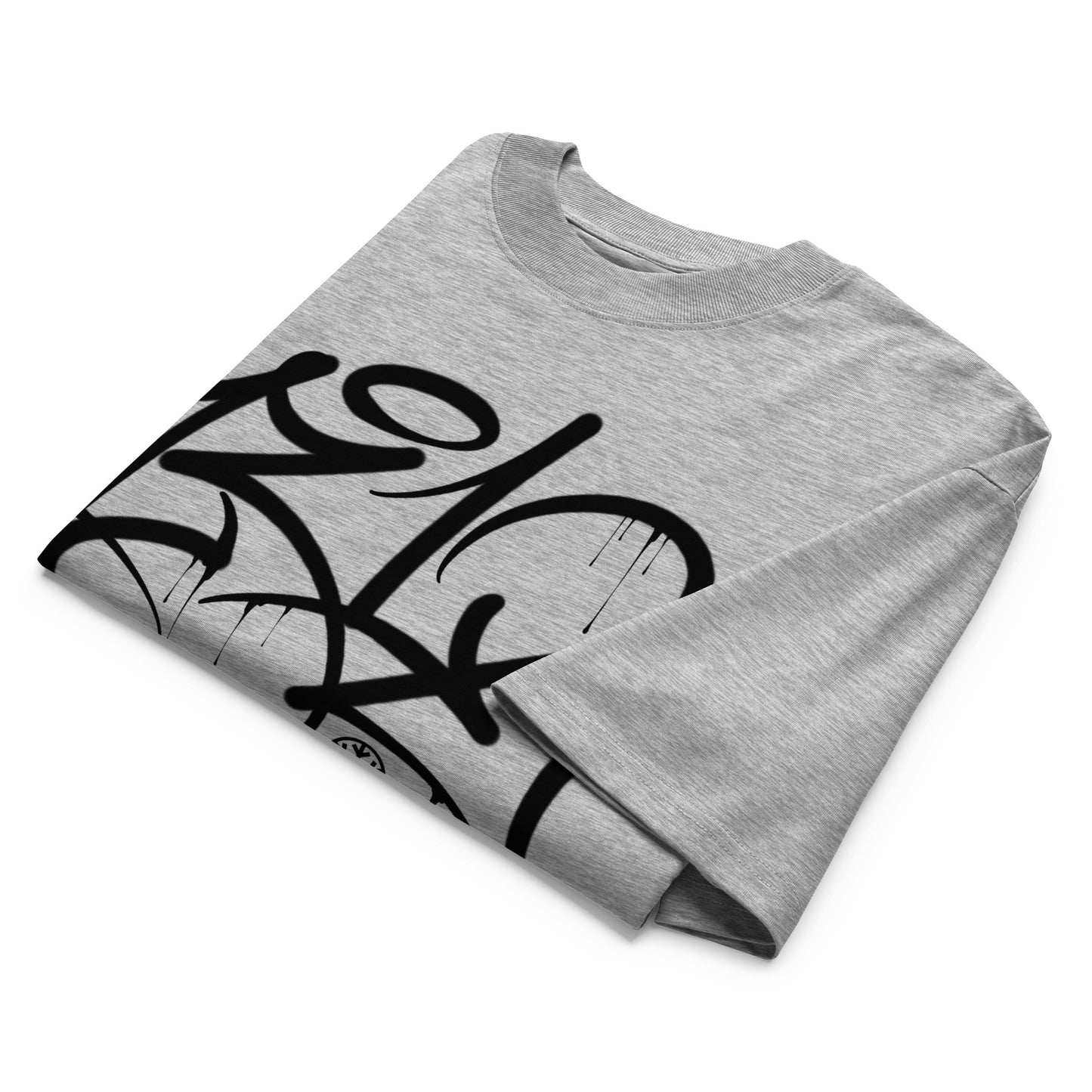Gray-1312 Graffiti Tag Tee by Caos One from B.Different Clothing, folded, graffiti-inspired streetwear, oversized heavyweight t-shirt