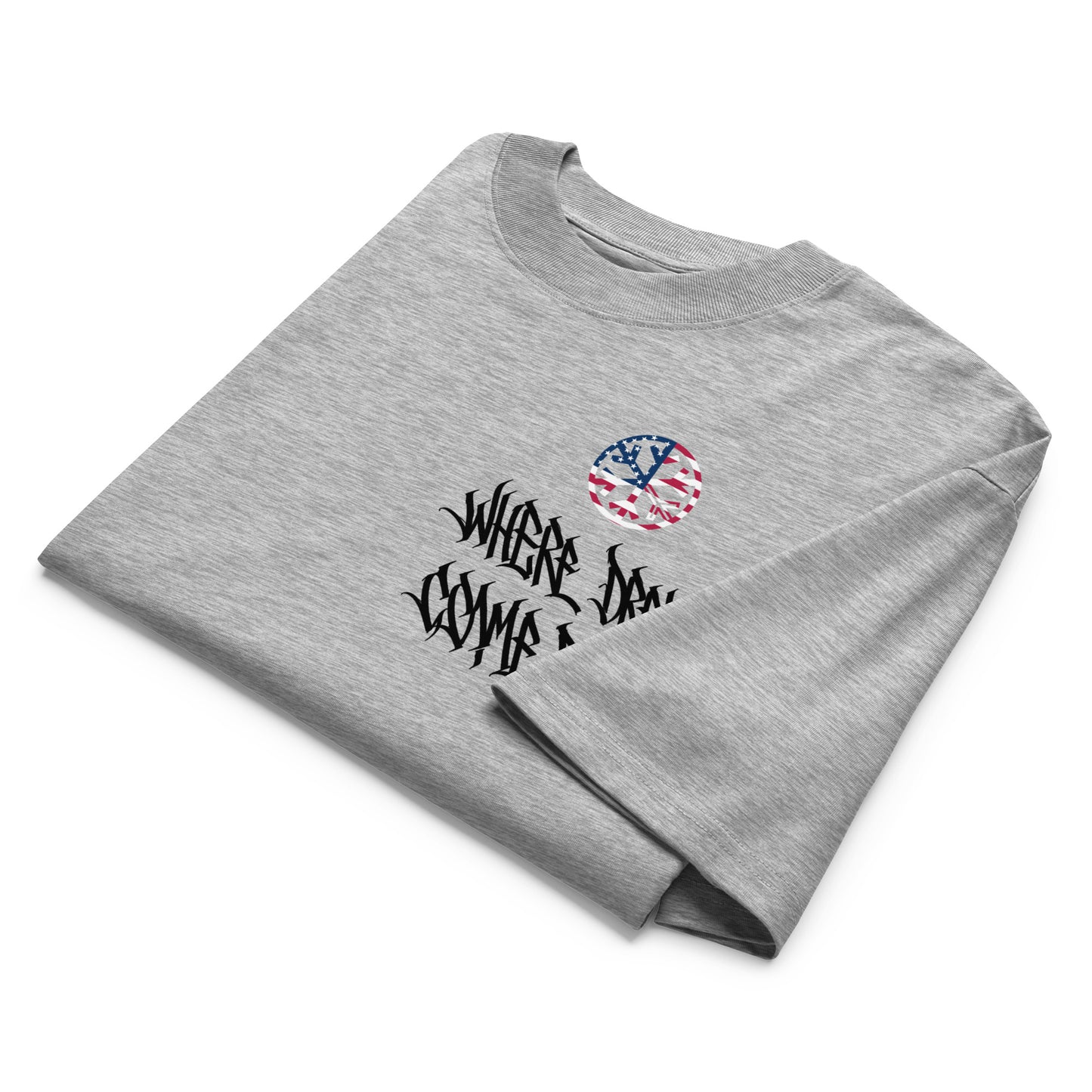 Gray-Flag Graffiti Tee from B.Different Clothing, folded, graffiti-inspired streetwear, oversized heavyweight t-shirt