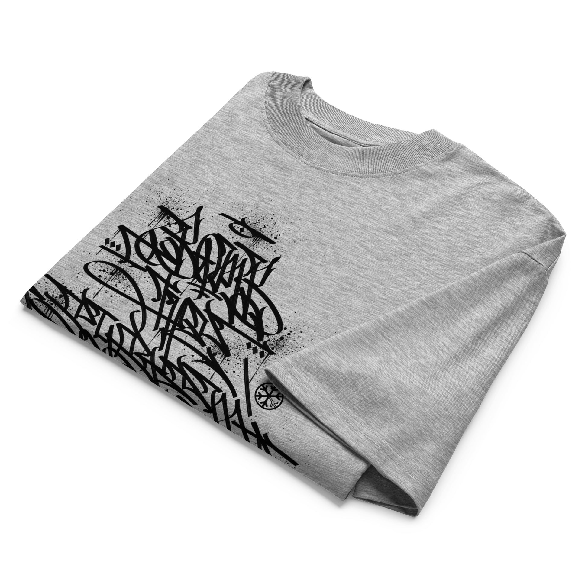 Gray-Bomb The System Graffiti Tee by Shew from B.Different Clothing, folded, graffiti-inspired streetwear, oversized heavyweight t-shirt