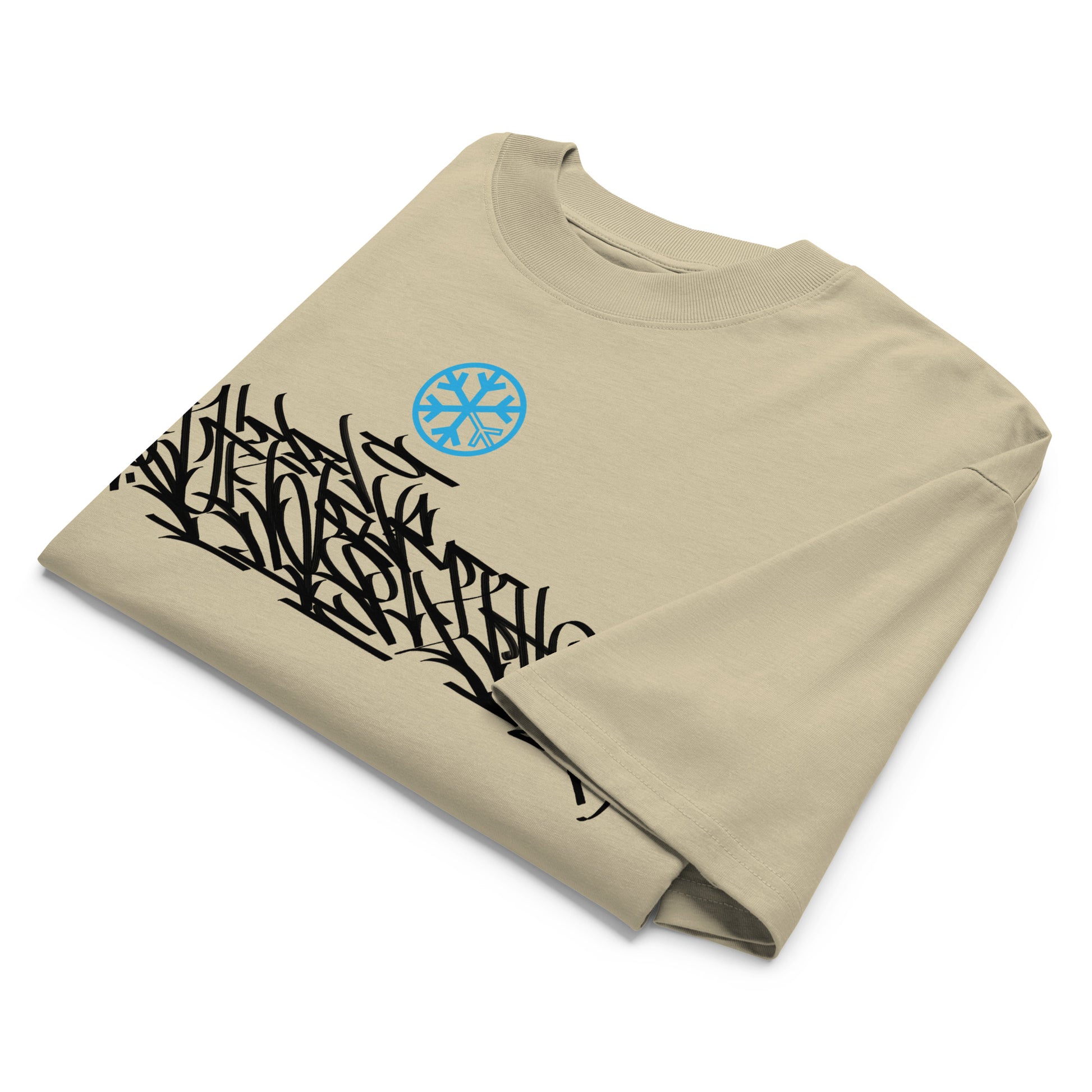 Beige-Shew Collab Graffiti Tee from B.Different Clothing, folded, graffiti-inspired streetwear, oversized heavyweight t-shirt