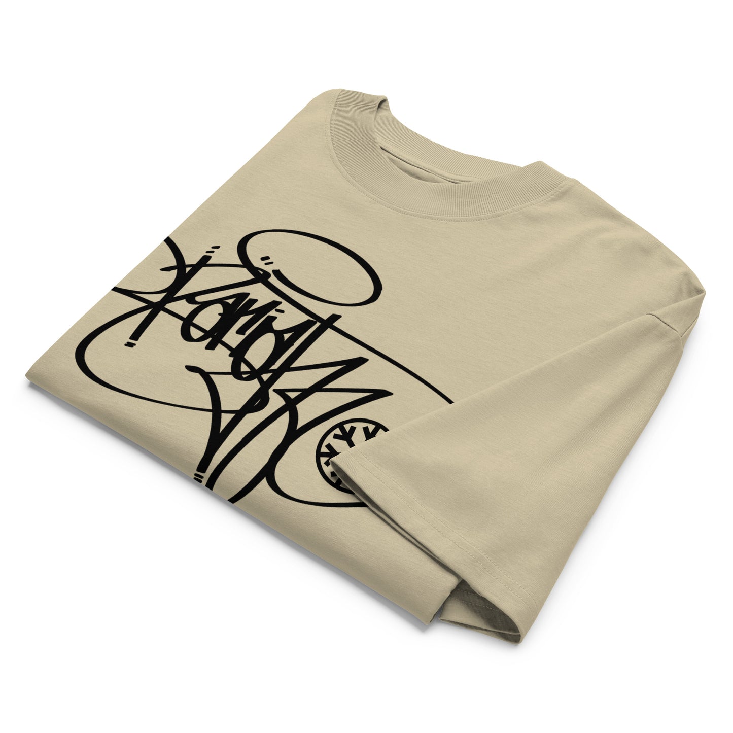 Beige-Pariah Tag Tee by Graffiti Dad from B.Different Clothing, folded, graffiti-inspired streetwear, oversized heavyweight t-shirt