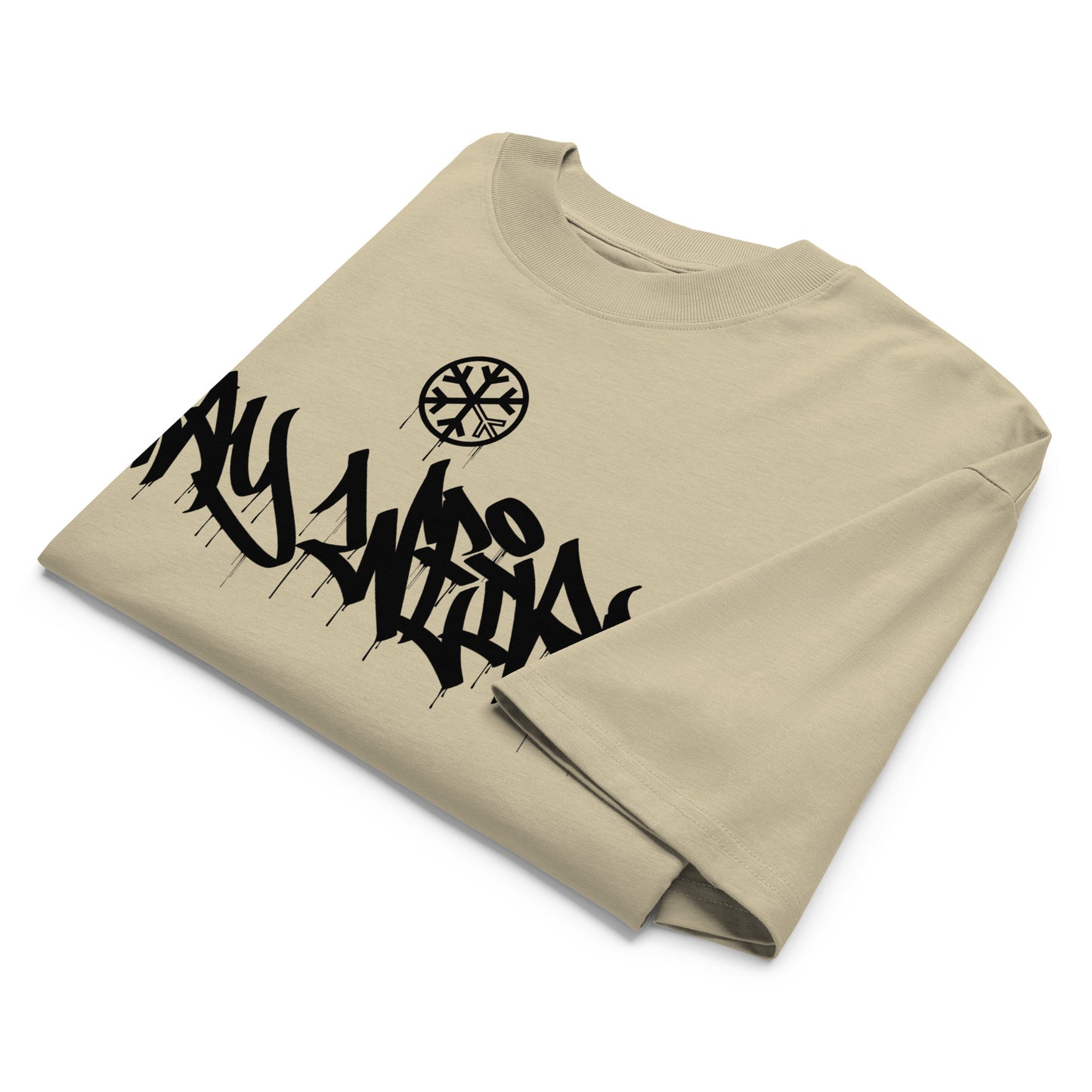 Beige-Stay Weird Graffiti Tag Tee by Monsterinho from B.Different Clothing, folded, graffiti-inspired streetwear, oversized heavyweight t-shirt