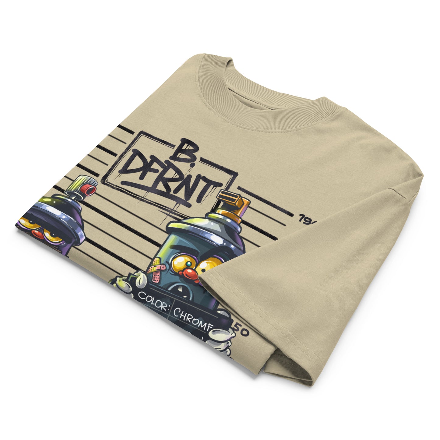 Beige-Mug Short Graffiti Tee by Trk One from B.Different Clothing, folded, graffiti-inspired streetwear, oversized heavyweight t-shirt
