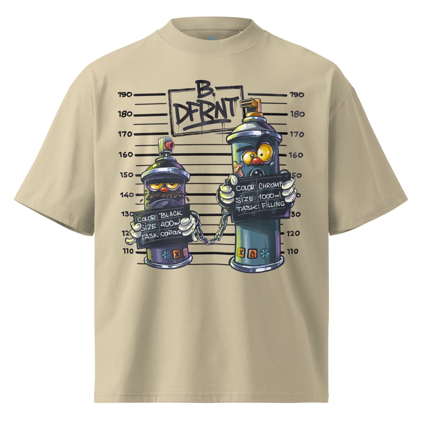 Beige-Mug Short Graffiti Tee by Trk One from B.Different Clothing, front view, graffiti-inspired streetwear, oversized heavyweight t-shirt