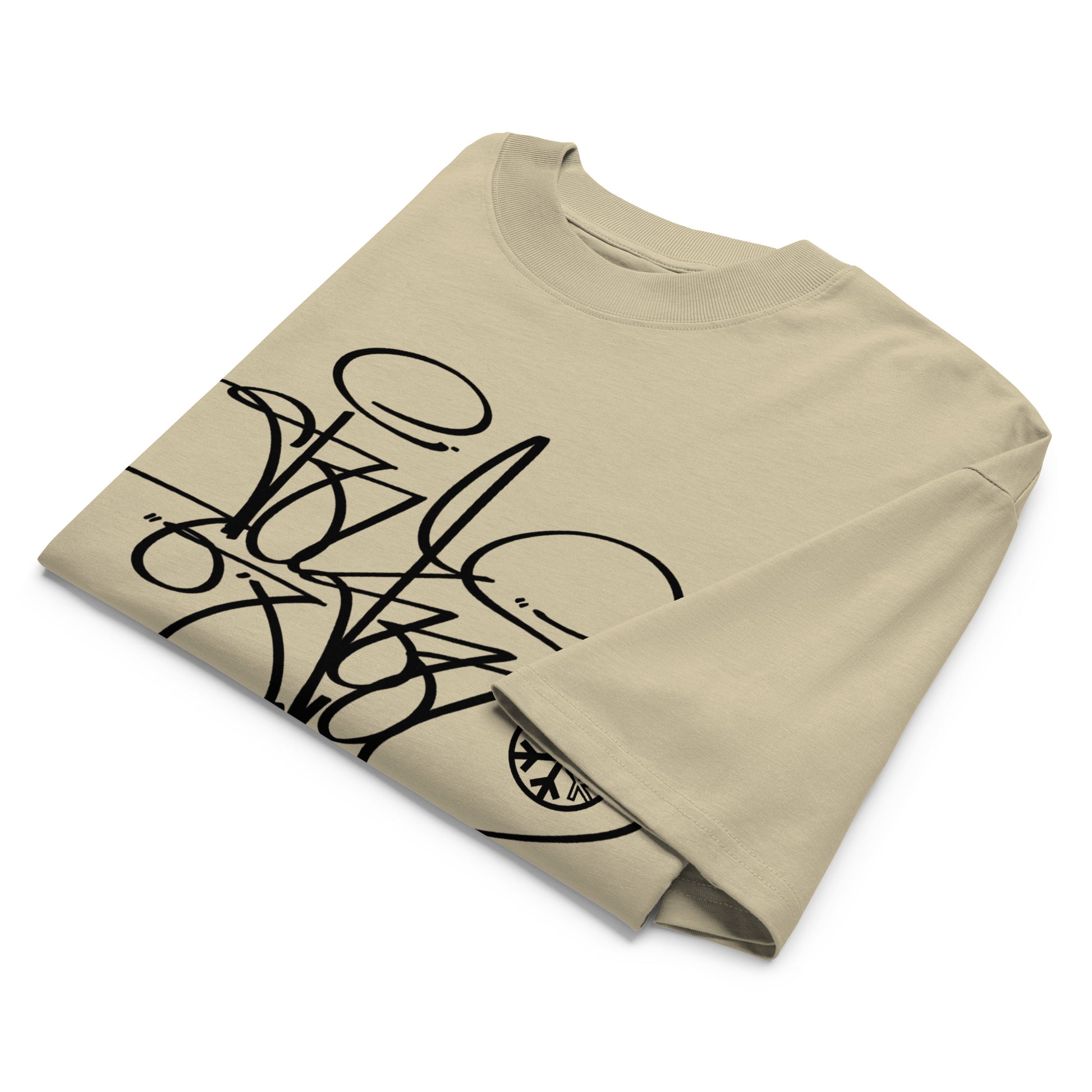 Beige-Toys Tag Tee by Graffiti Dad from B.Different Clothing, front view, graffiti-inspired streetwear, oversized heavyweight t-shirt
