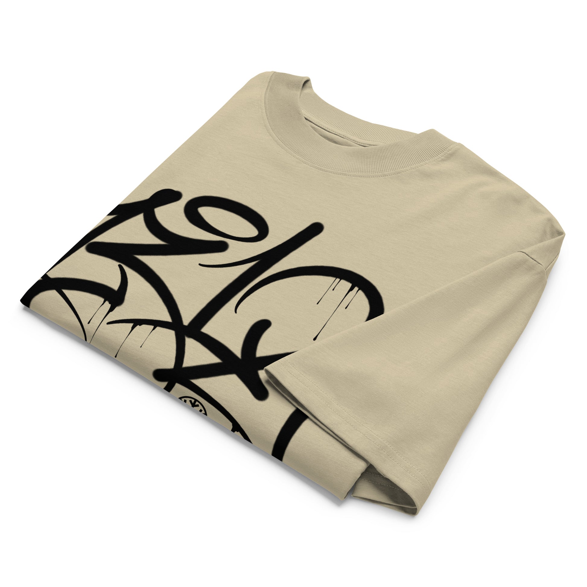 Beige-1312 Graffiti Tag Tee by Caos One from B.Different Clothing, folded, graffiti-inspired streetwear, oversized heavyweight t-shirt