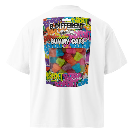 White-Gummy Caps Graffiti Tee from B.Different Clothing, back view, graffiti-inspired streetwear, oversized heavyweight t-shirt