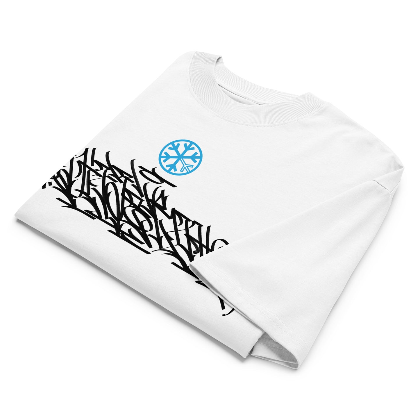 White-Shew Collab Graffiti Tee from B.Different Clothing, folded, graffiti-inspired streetwear, oversized heavyweight t-shirt