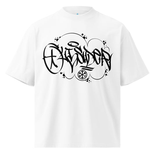 White-Outsider Graffiti Tag Tee by Caos One from B.Different Clothing, front view, graffiti-inspired streetwear, oversized heavyweight t-shirt