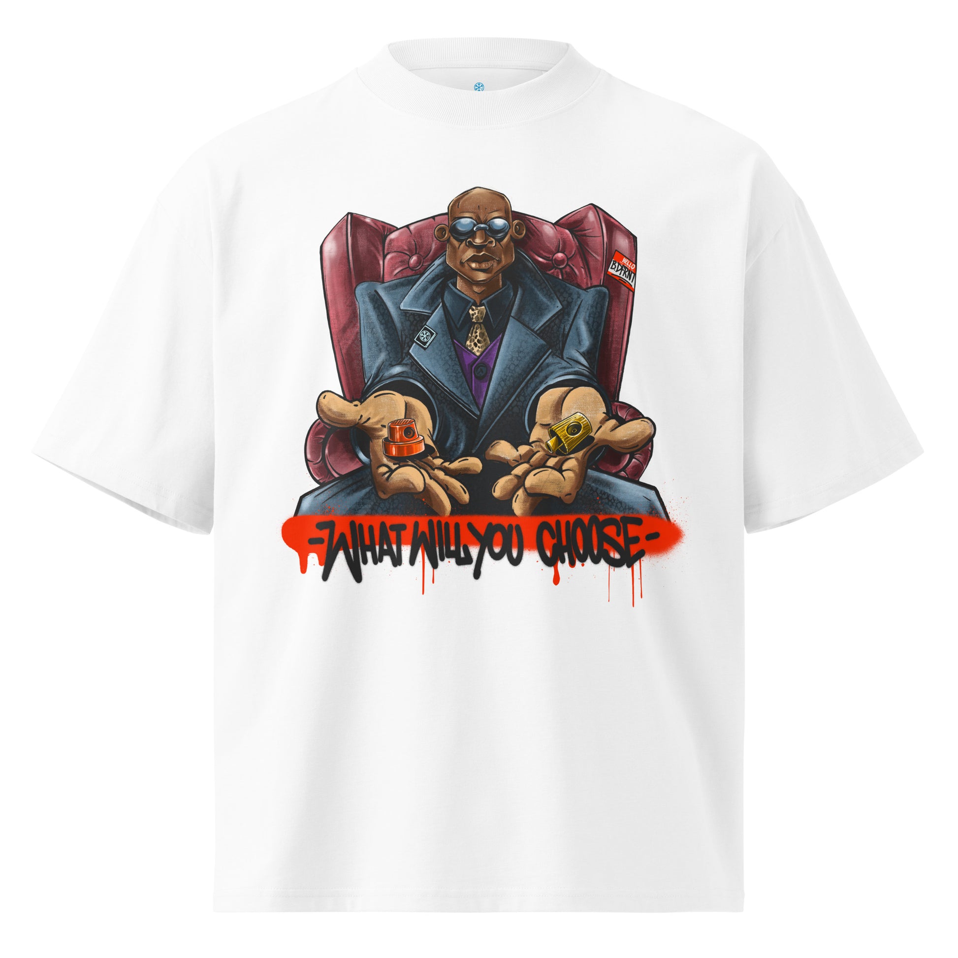 White-Make Your Choice Graffiti Tee by Trk One from B.Different Clothing, front view, graffiti-inspired streetwear, oversized heavyweight t-shirt