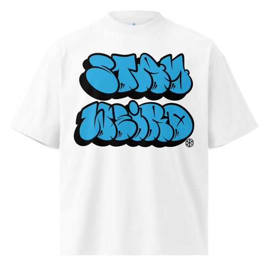 White-Stay Weird Graffiti Throwie Tee by Monsterinho from B.Different Clothing, front view, graffiti-inspired streetwear, oversized heavyweight t-shirt