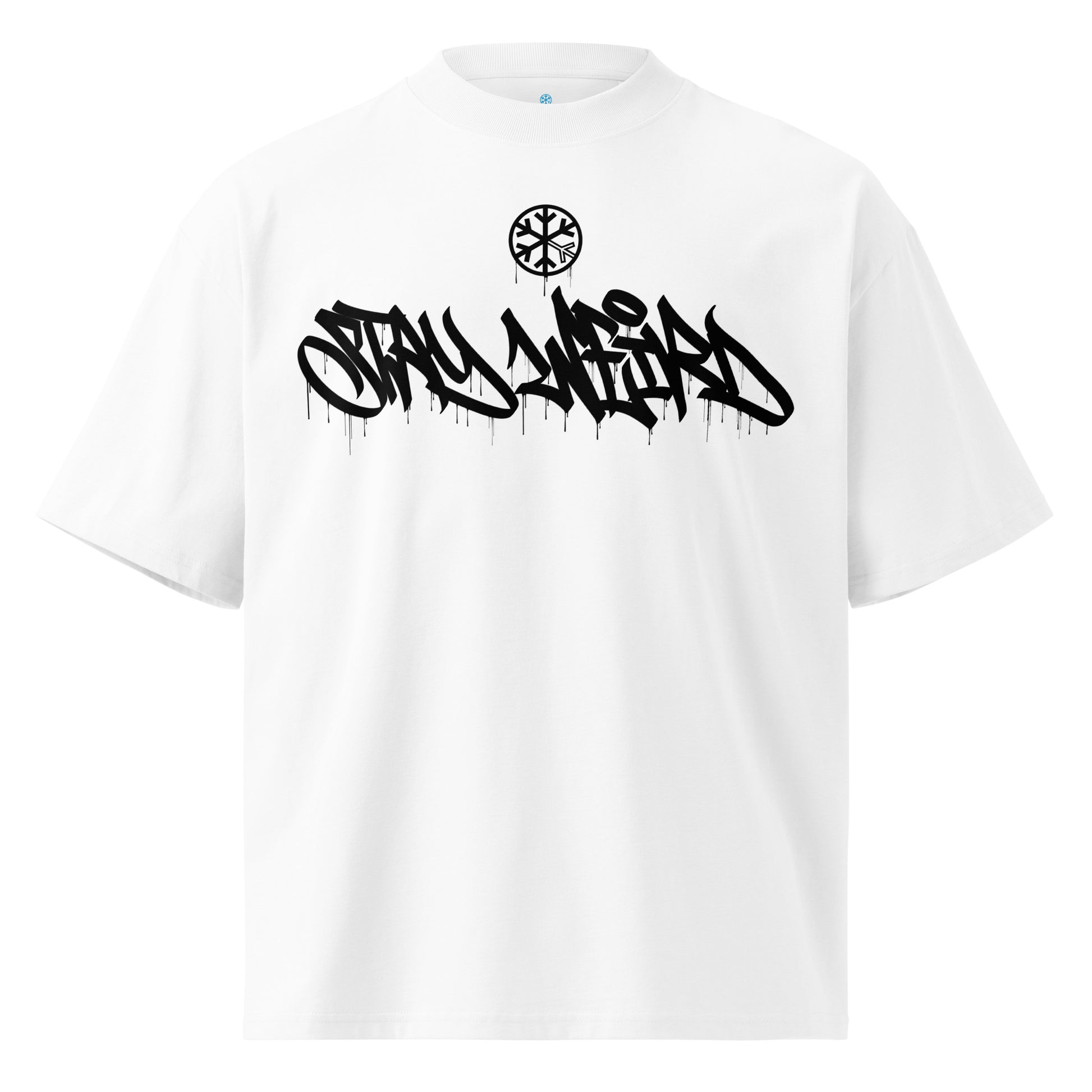 White-Stay Weird Graffiti Tag Tee by Monsterinho from B.Different Clothing, front view, graffiti-inspired streetwear, oversized heavyweight t-shirt