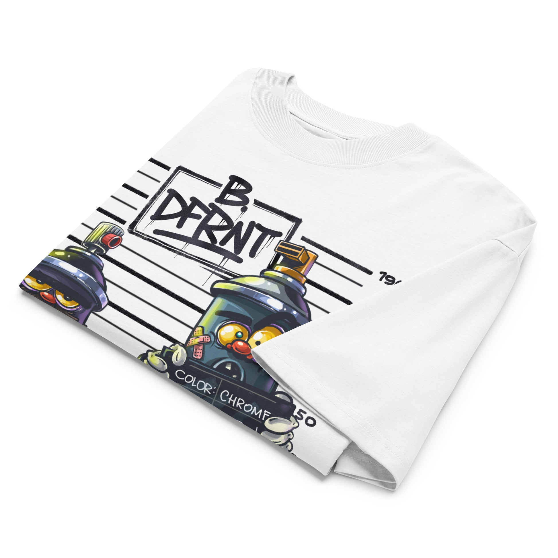 White-Mug Short Graffiti Tee by Trk One from B.Different Clothing, folded, graffiti-inspired streetwear, oversized heavyweight t-shirt