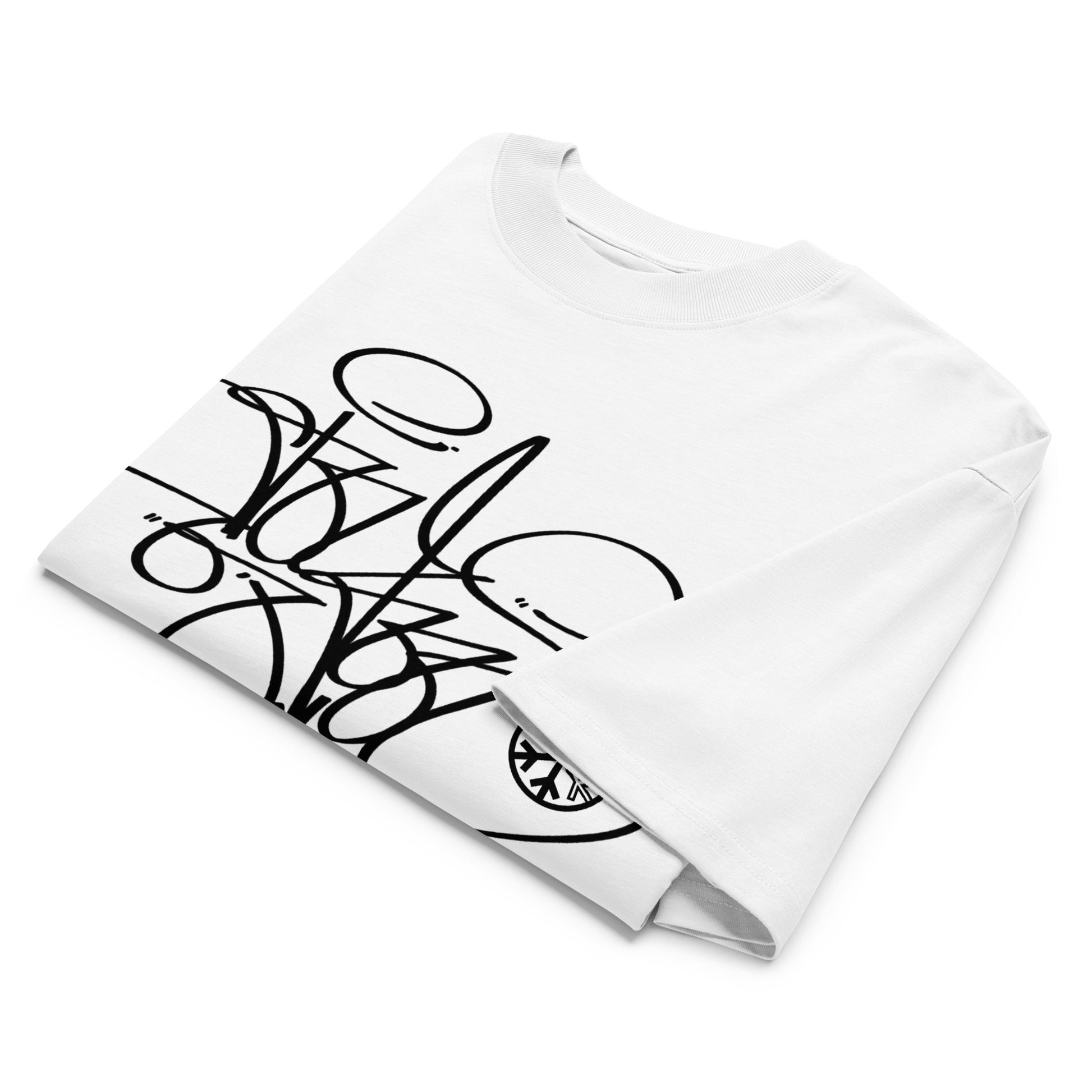 White-Toys Tag Tee by Graffiti Dad from B.Different Clothing, front view, graffiti-inspired streetwear, oversized heavyweight t-shirt