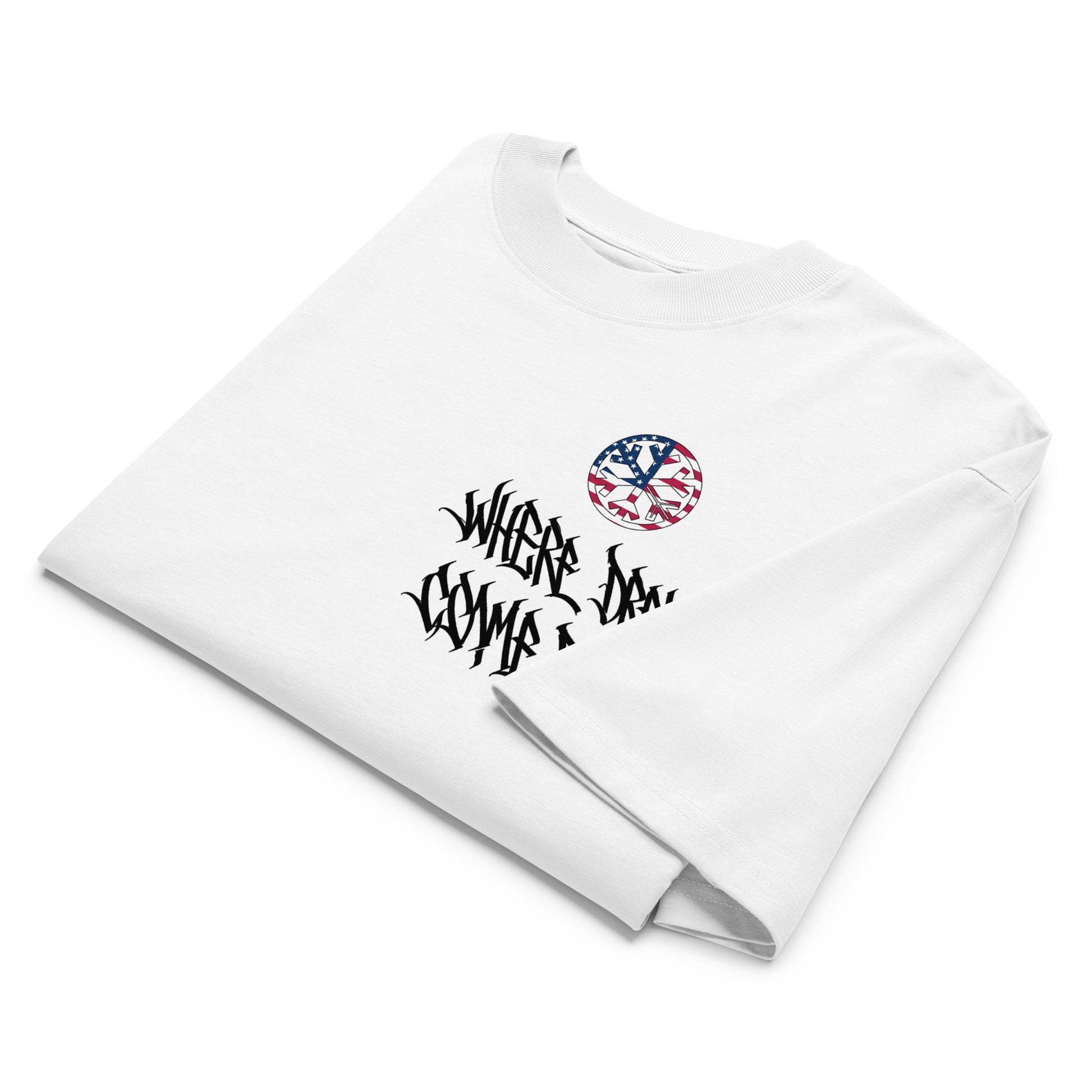 White-Flag Graffiti Tee from B.Different Clothing, folded, graffiti-inspired streetwear, oversized heavyweight t-shirt