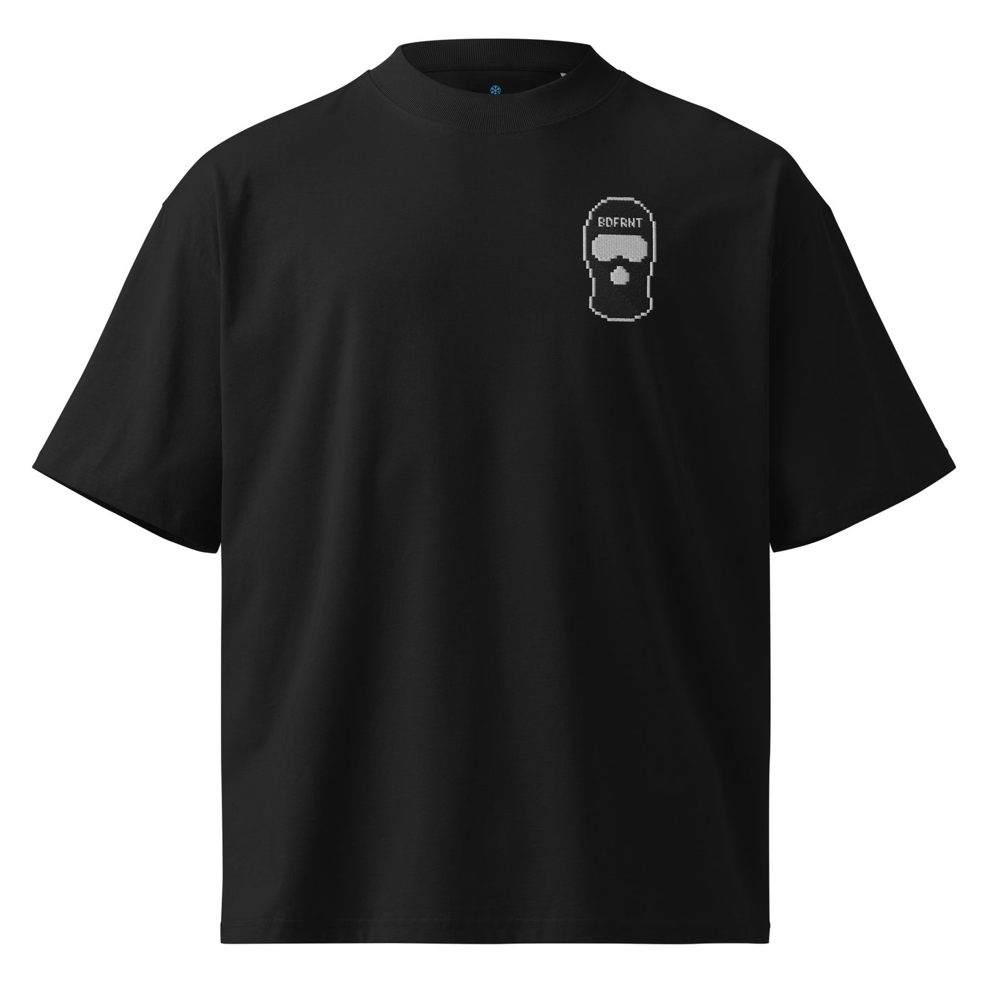 Black-Pixel Balaclava Graffiti Tee from B.Different Clothing, front view, graffiti-inspired streetwear, oversized heavyweight t-shirt