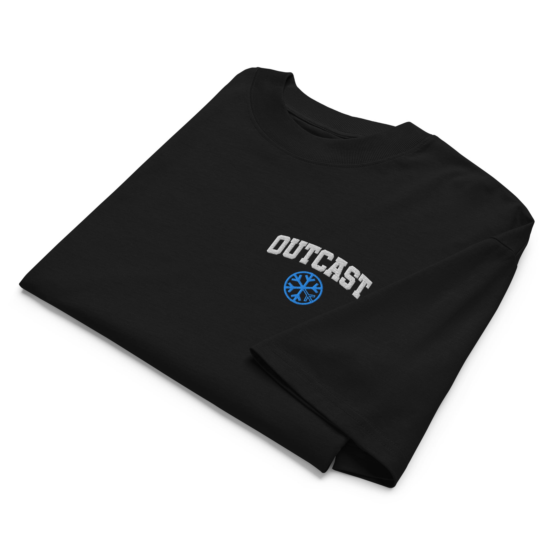 Black-Outcast College Tee from B.Different Clothing, folded, graffiti-inspired streetwear, oversized heavyweight t-shirt