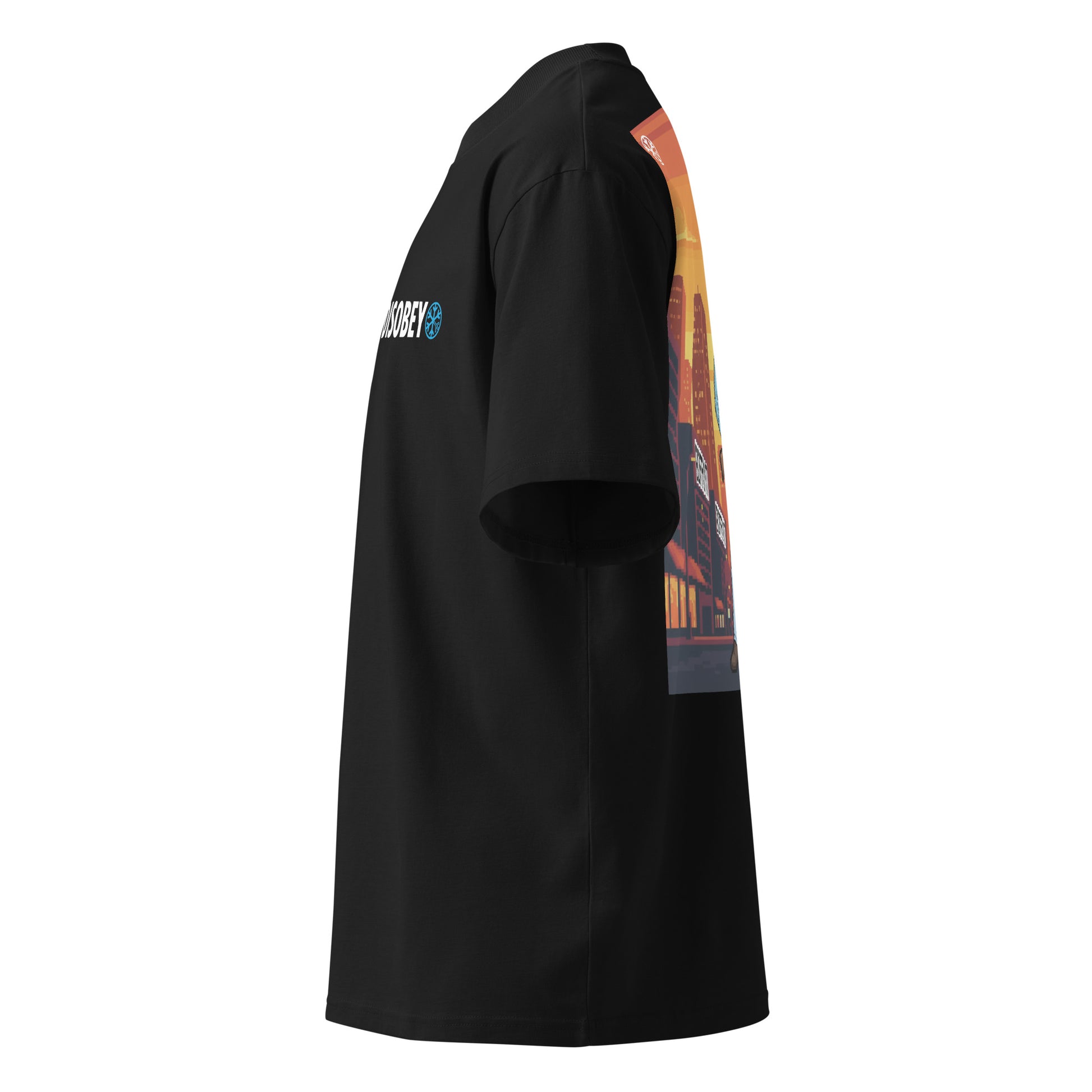 Black-Pixel Disobey Tee from B.Different Clothing, left view, graffiti-inspired streetwear oversized heavyweight t-shirt