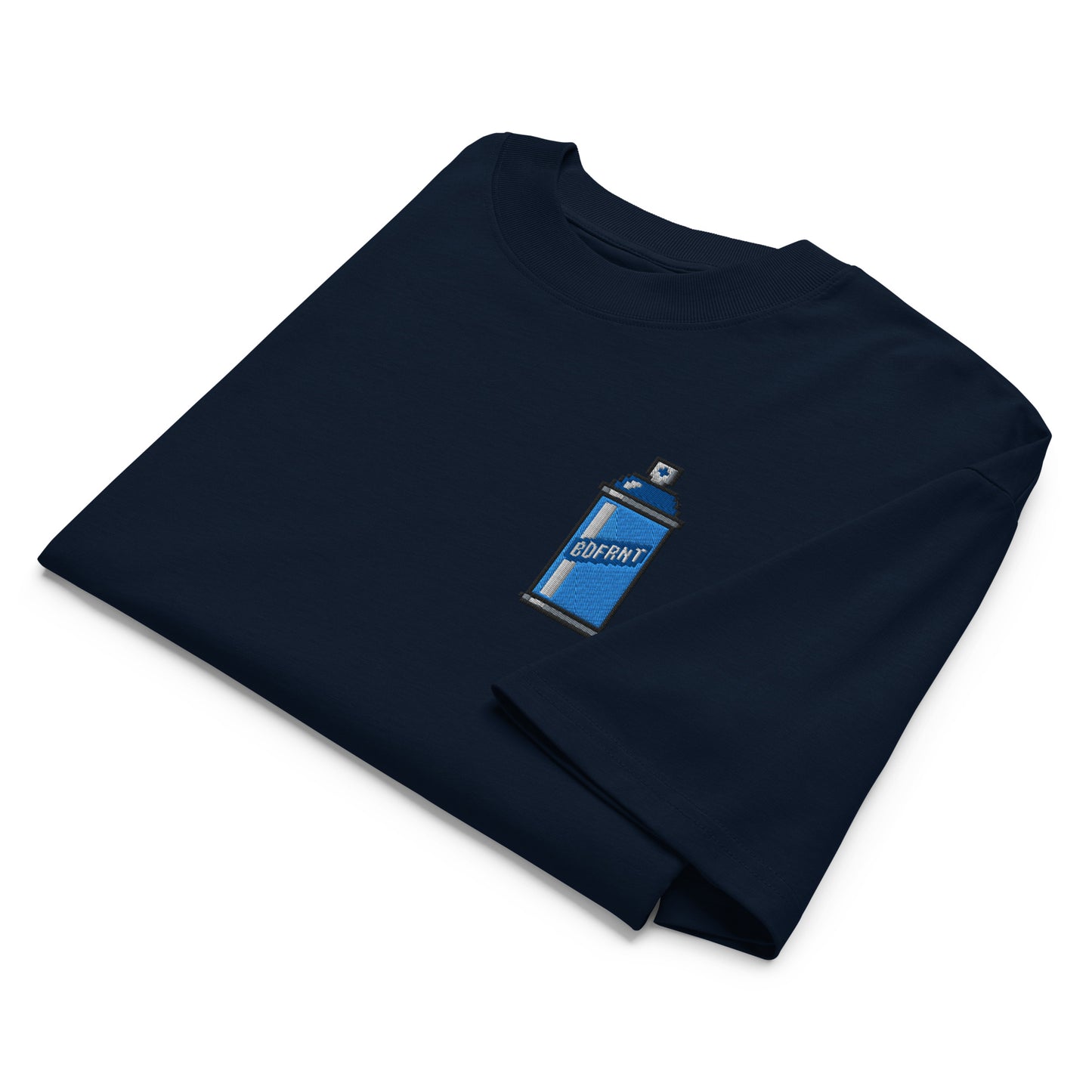 Navy-Pixel Spray Can Graffiti Tee from B.Different Clothing, folded, graffiti-inspired streetwear oversized heavyweight t-shirt