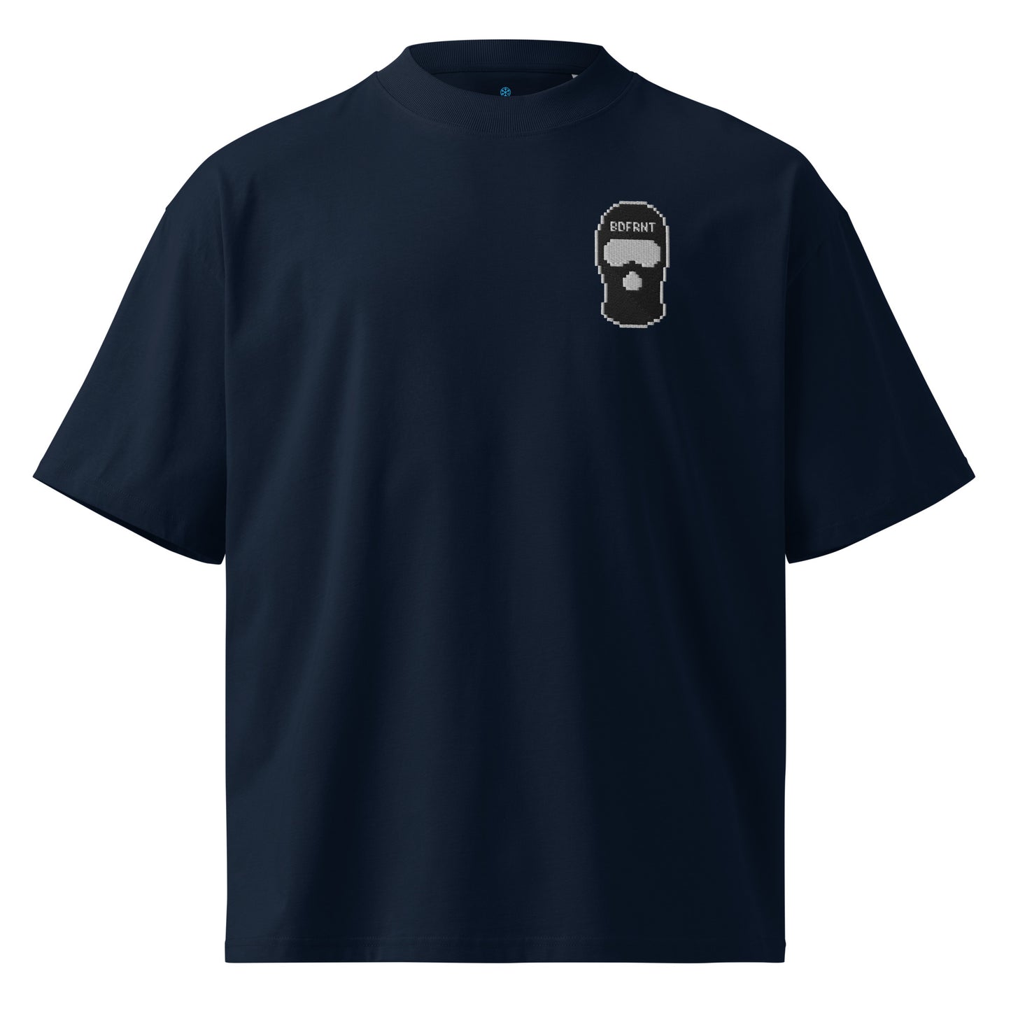 Navy-Pixel Balaclava Graffiti Tee from B.Different Clothing, front view, graffiti-inspired streetwear, oversized heavyweight t-shirt