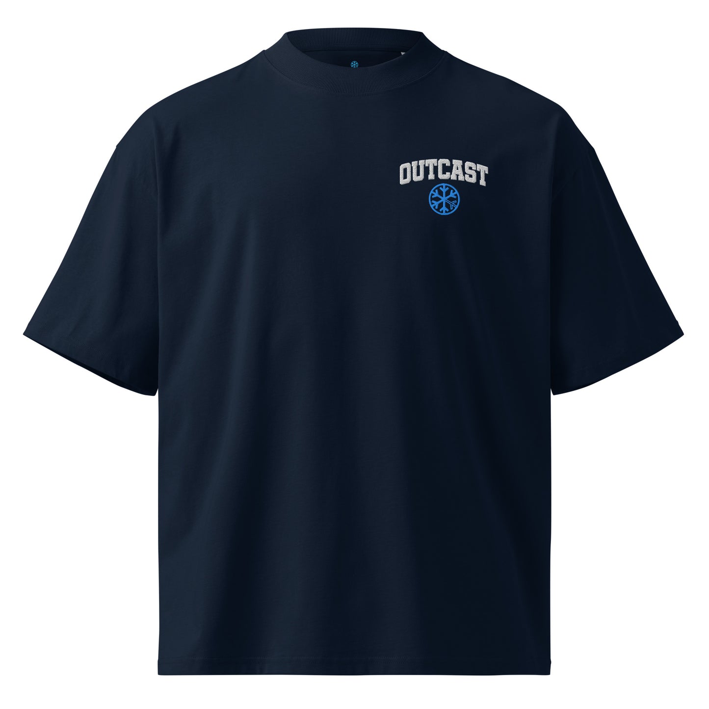 Navy-Outcast College Tee from B.Different Clothing, front view, graffiti-inspired streetwear, oversized heavyweight t-shirt