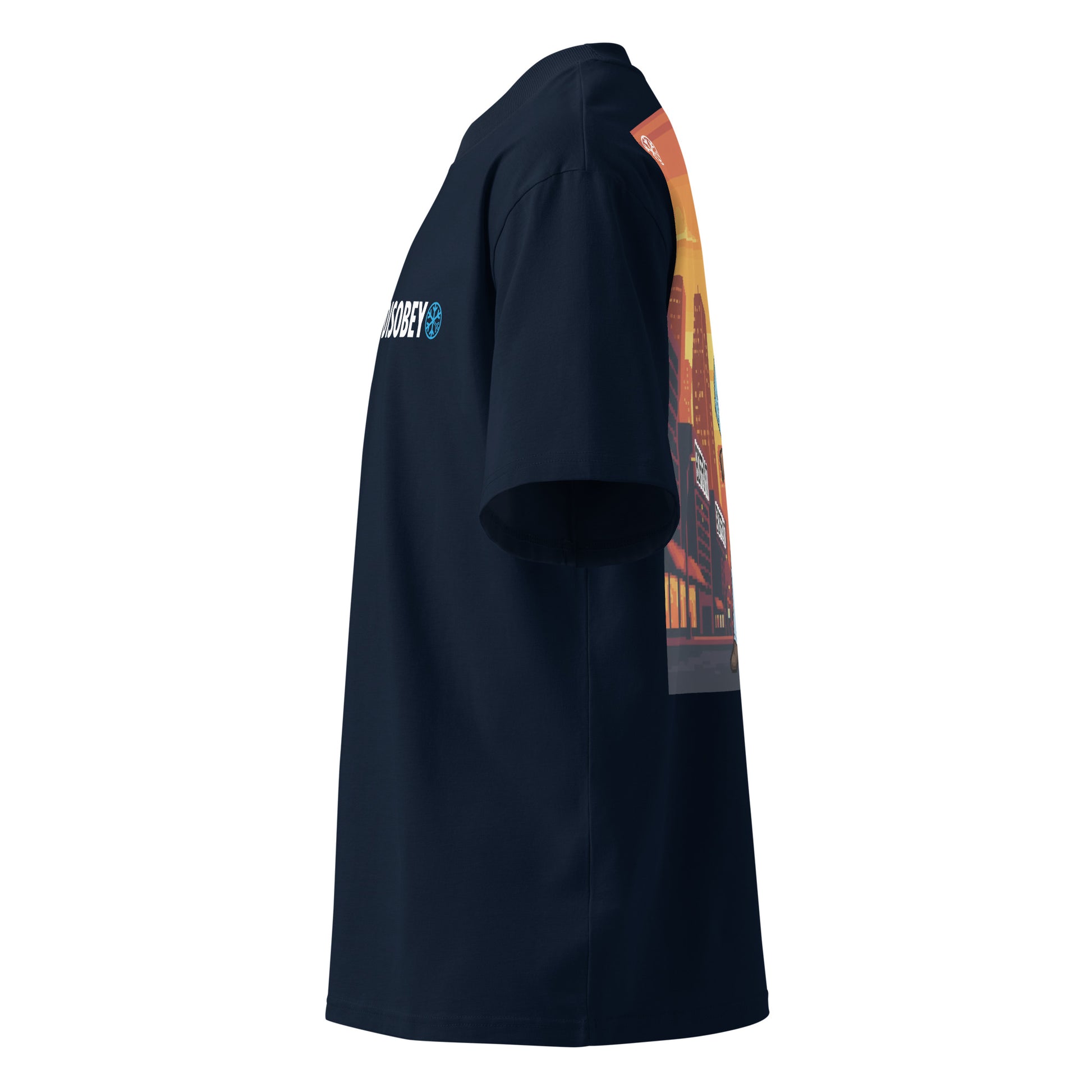Navy-Pixel Disobey Tee from B.Different Clothing, left view, graffiti-inspired streetwear oversized heavyweight t-shirt