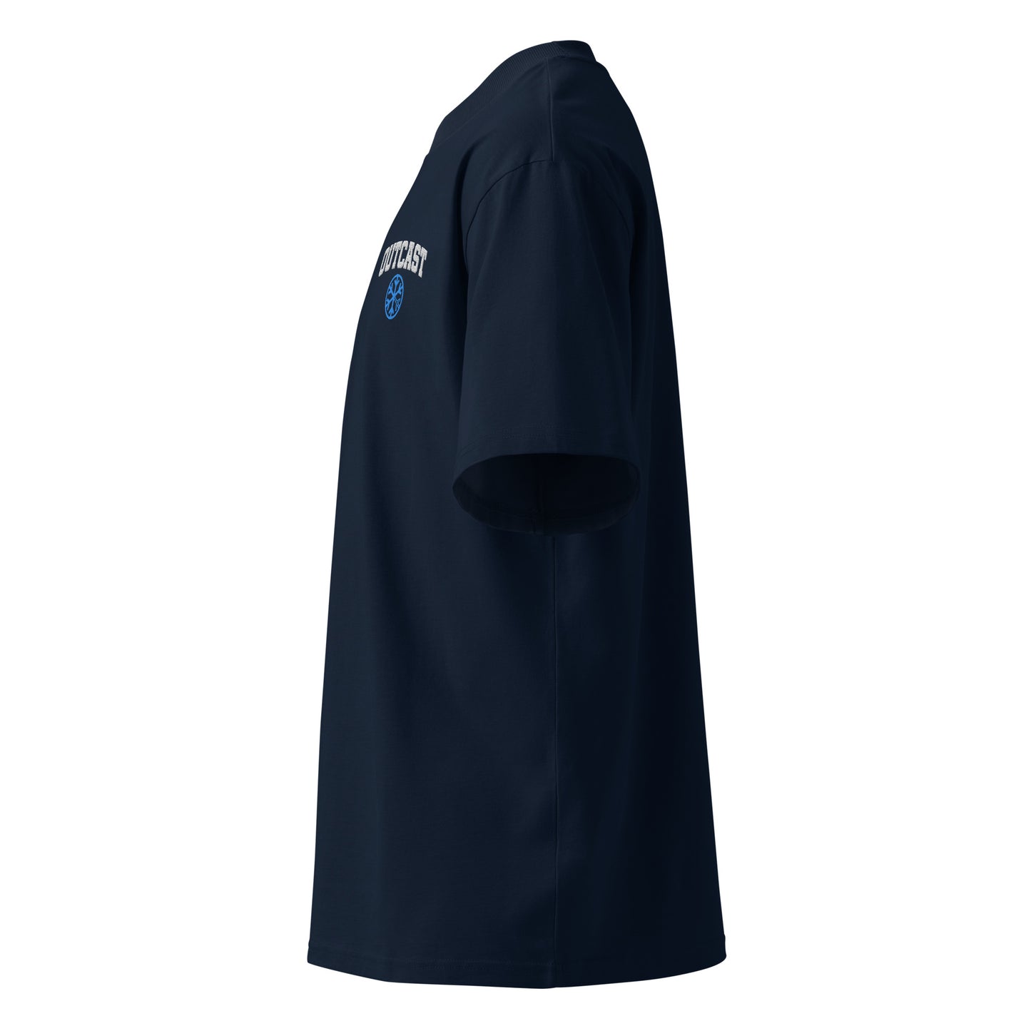 Navy-Outcast College Tee from B.Different Clothing, left view, graffiti-inspired streetwear, oversized heavyweight t-shirt