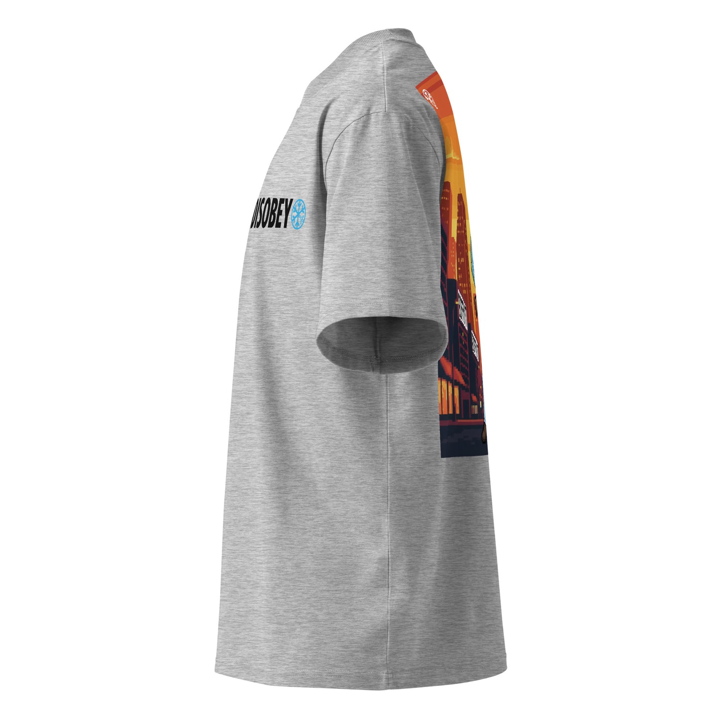Gray-Pixel Disobey Tee from B.Different Clothing, left view, graffiti-inspired streetwear oversized heavyweight t-shirt